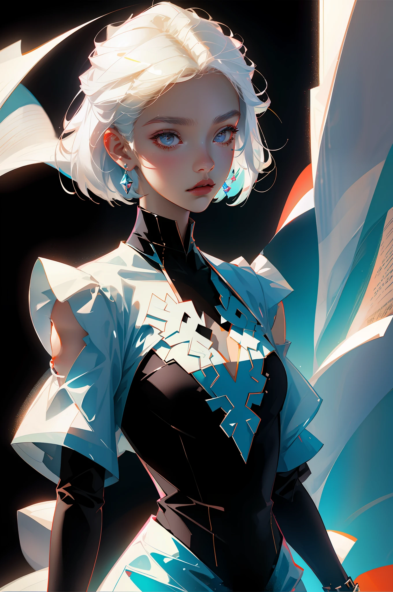 Highest quality, perfect masterpiece, perfect work, official work, 8K, (upper body: 1.3), (side: 1.5)), close-up, delicate face, 17 years old, white haired girl, (white hair: 1.5), medium and short hair, ((white transparent eyes: 1.2)), (white dress: 1.2), (transparent clothing: 1.2), (black background: 1.3), pearl illusion, cyberpunk, fashion trend, 3s material, HD, detail performance, c4d, 3D, octane rendering, ray tracing, intricate detail, animated lighting, OCrenderer,