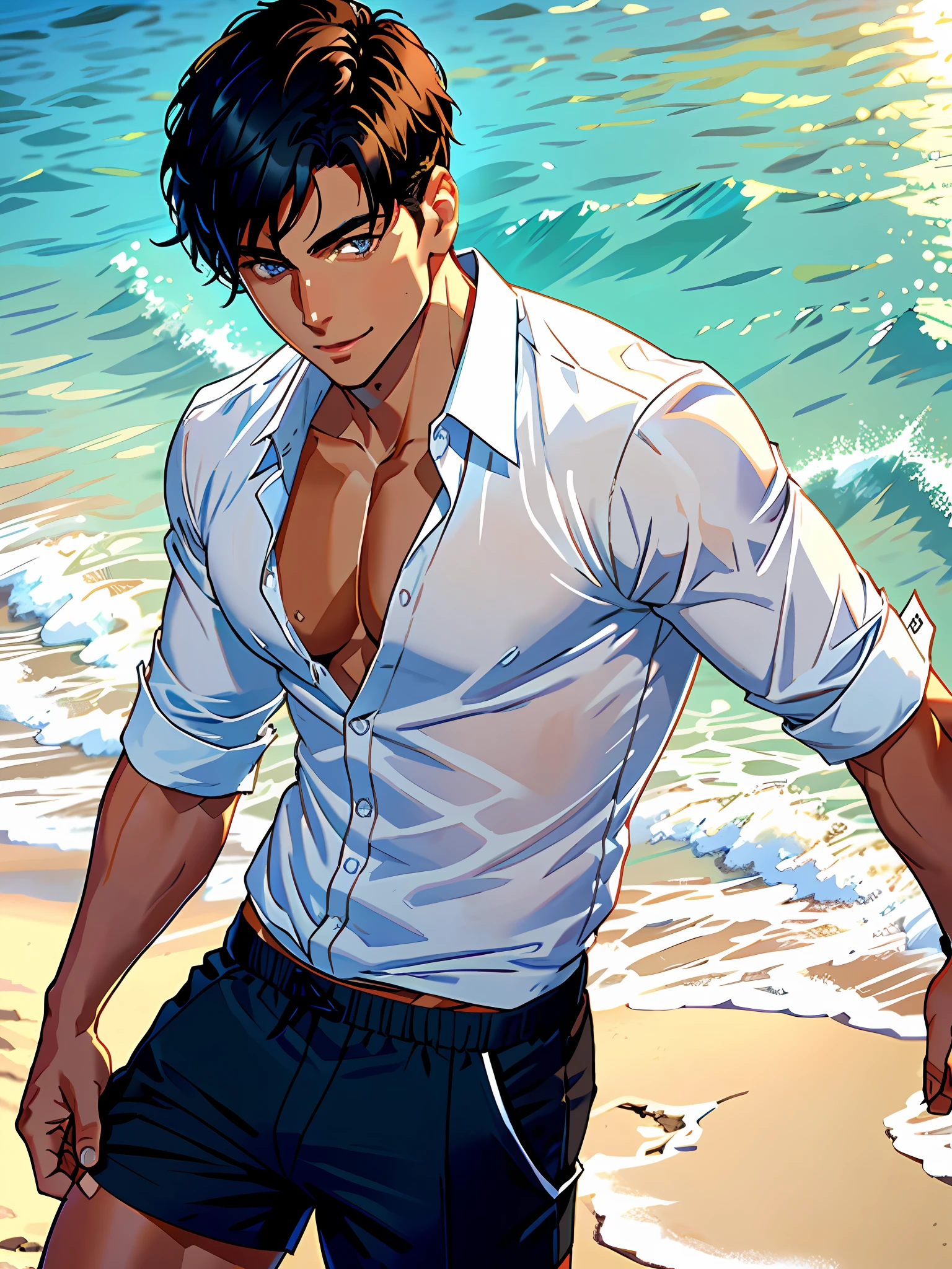 , he has short black hair whch is very stylish, he is wearing an (((opening his white shirt))) which shows his perfect athletic toned ((body with tan brown skin)), his body is shaved, shaved pubes so he can look sexy, His deep blue eyes hides mischief, his smile is flirty,he is on a beach with low waist white shorts hiding his bulge,