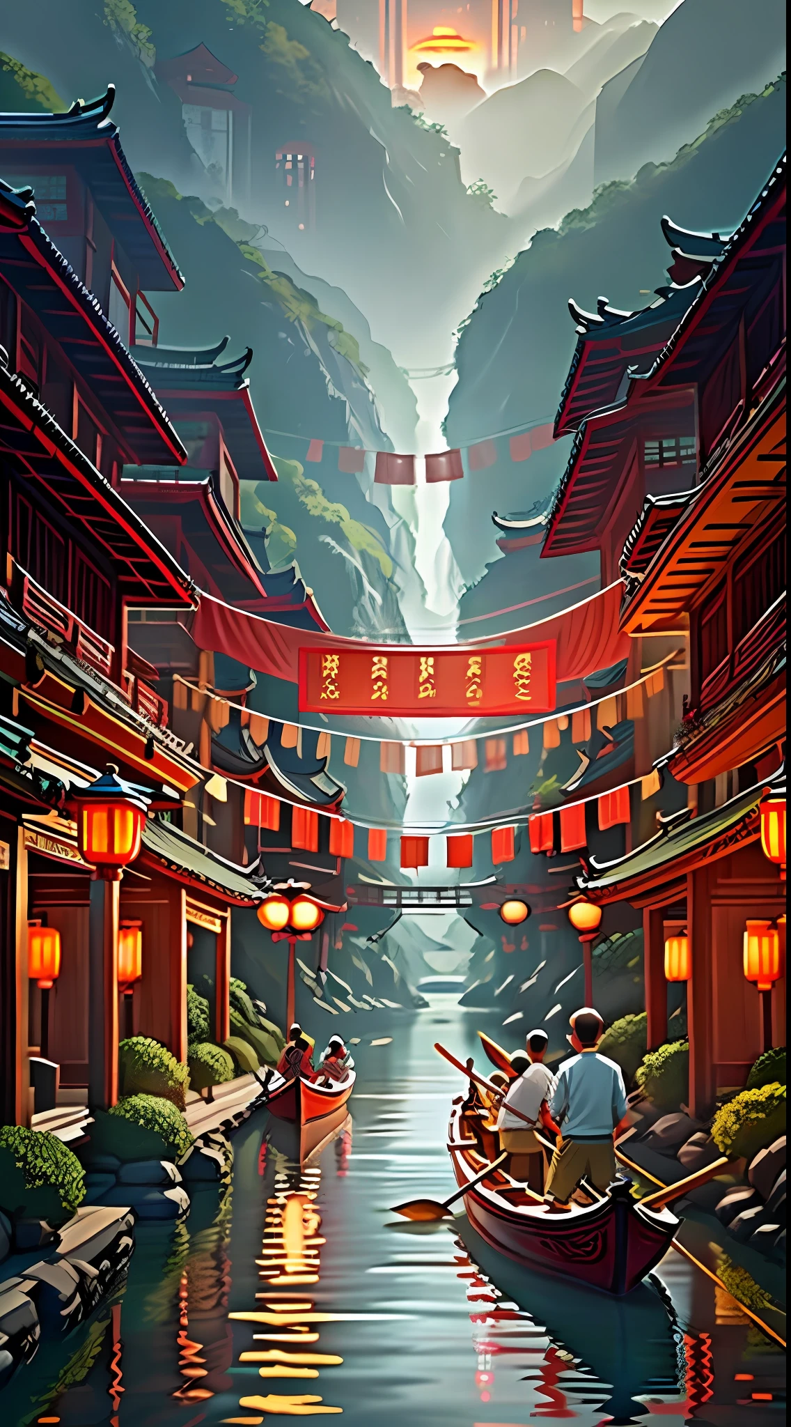 Poster design, (SFW), two boys rowing dragon boats, Chinese dragon, background is a small river interspersed in a Chinese-style street, clear focus, wide-angle lens, "the hometown of Chinese dragon boats", Shunfeng Mountain Park archway, national chao style, Foshan Shunde food elements, epic, advanced, master, national tide style, national tide style!!!!!!!