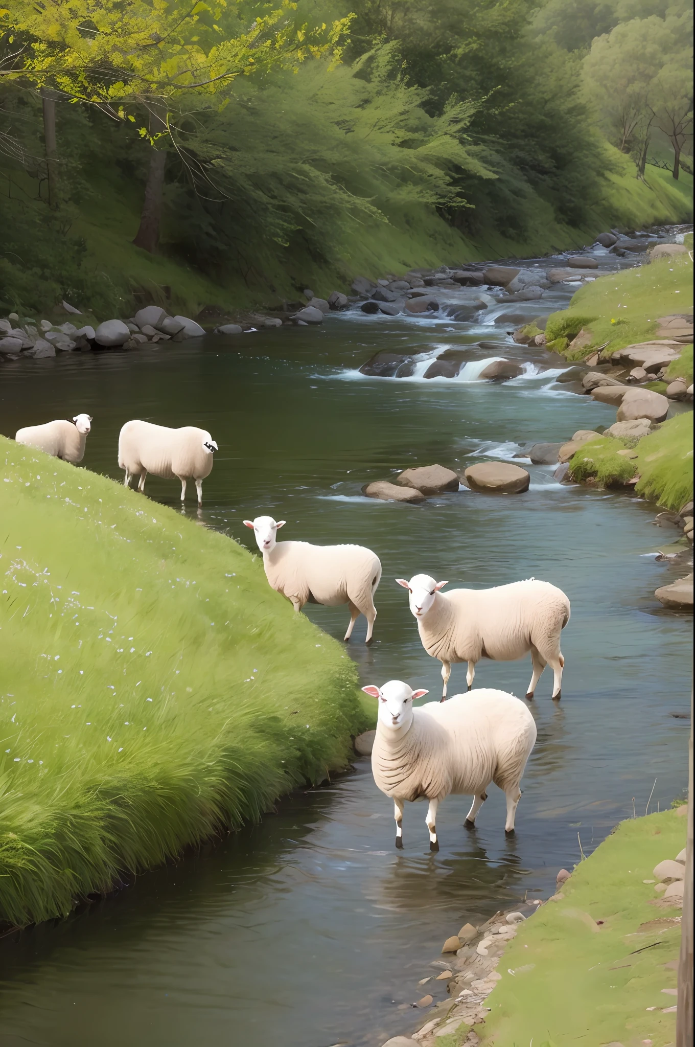 5 sheep next to the stream