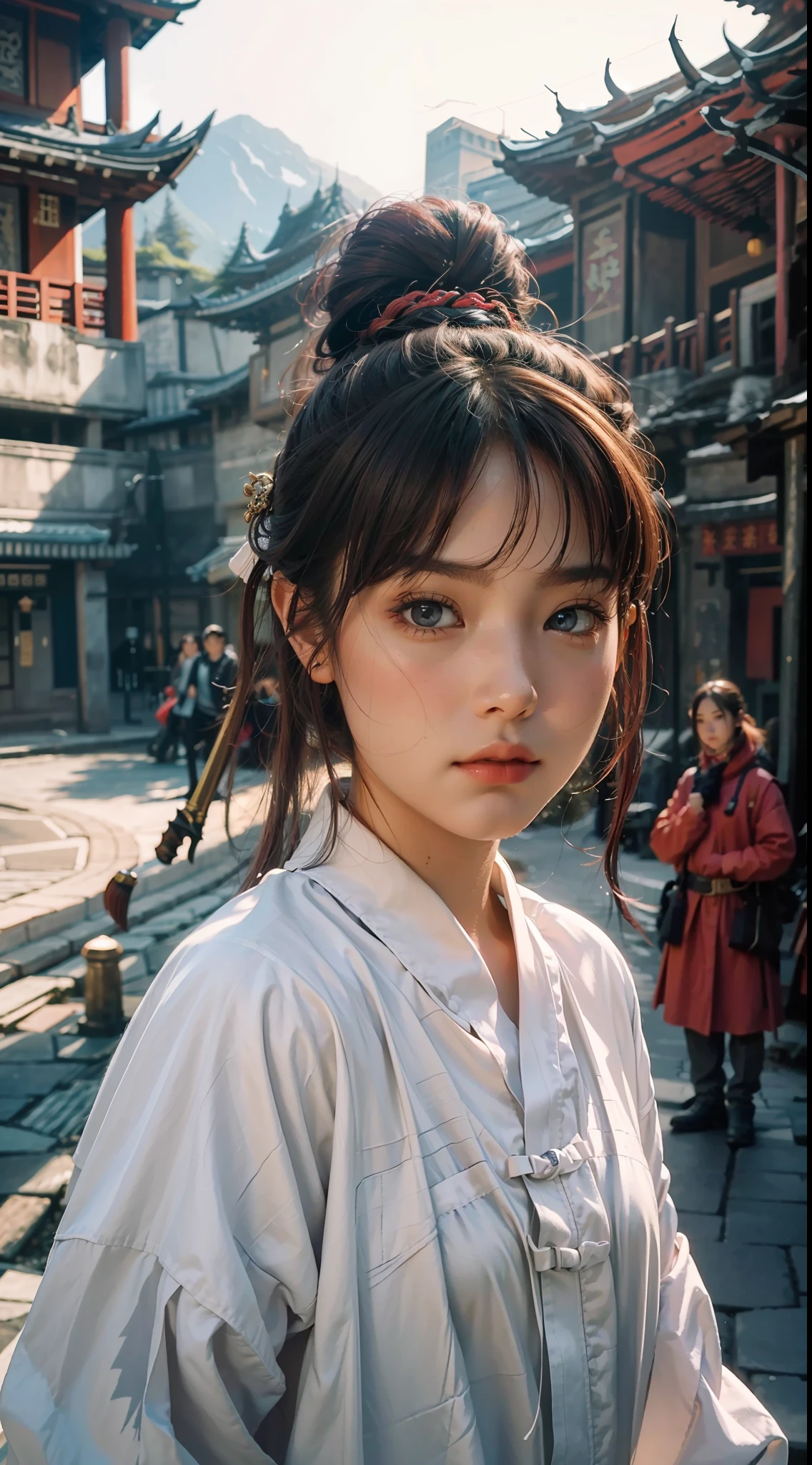 Best image quality, masterpiece level, ultra-high resolution, realism, fantasy theme, weapons, facial details, a girl, single, hair bun, fairy tale theme, upper body, Chinese architecture, flame, get detailed outdoor lighting and movie lighting, increase detailed overall ambient light, face and eye details, improve the realism of body details, clearly express sharp focus, expressionless, white clothes, burgundy hair, bright eyes, simple background.