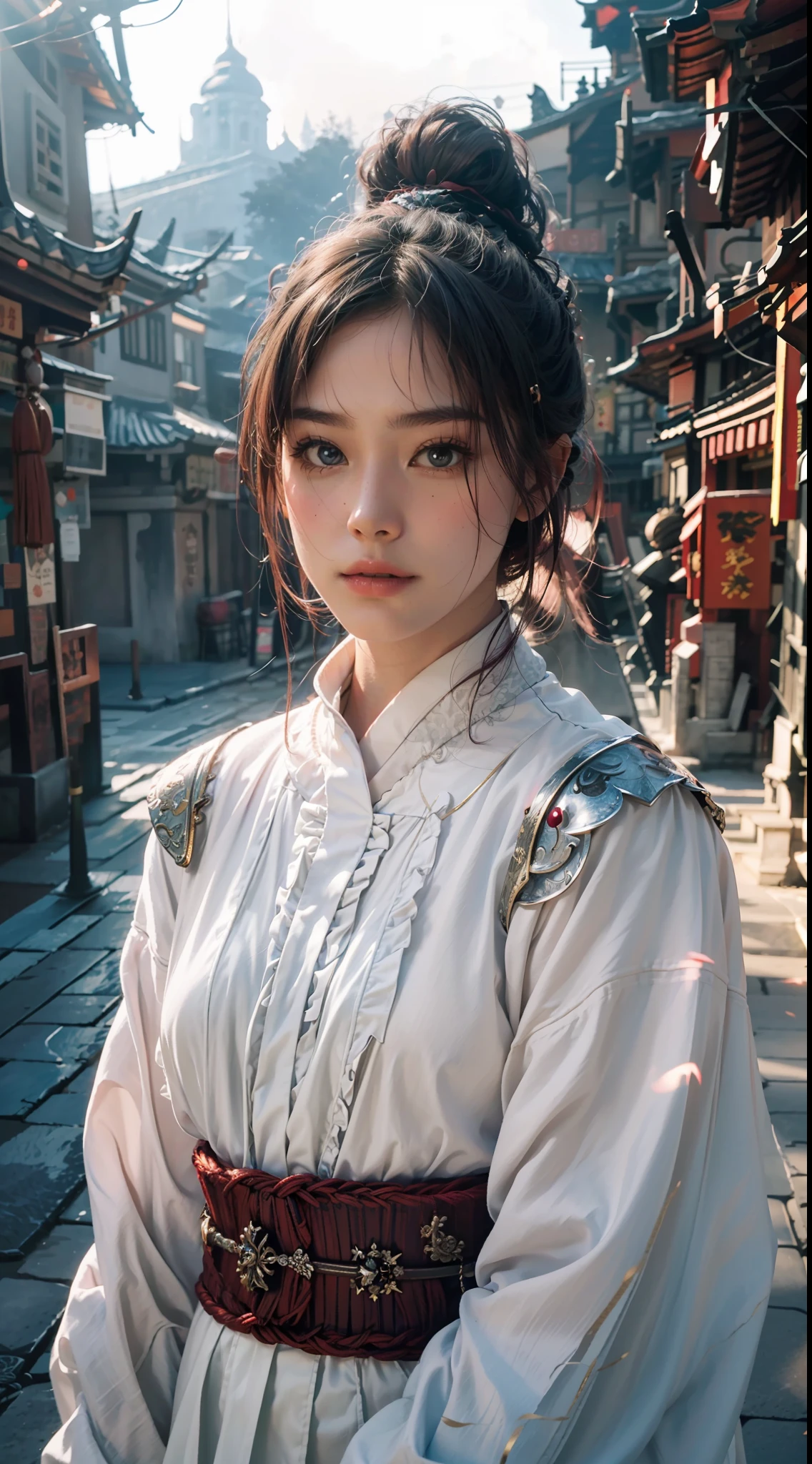 Best image quality, masterpiece level, ultra-high resolution, realism, fantasy theme, weapons, facial details, a girl, single, hair bun, fairy tale theme, upper body, Chinese architecture, flame, get detailed outdoor lighting and movie lighting, increase detailed overall ambient light, face and eye details, improve the realism of body details, clearly express sharp focus, expressionless, white clothes, burgundy hair, bright eyes, simple background.