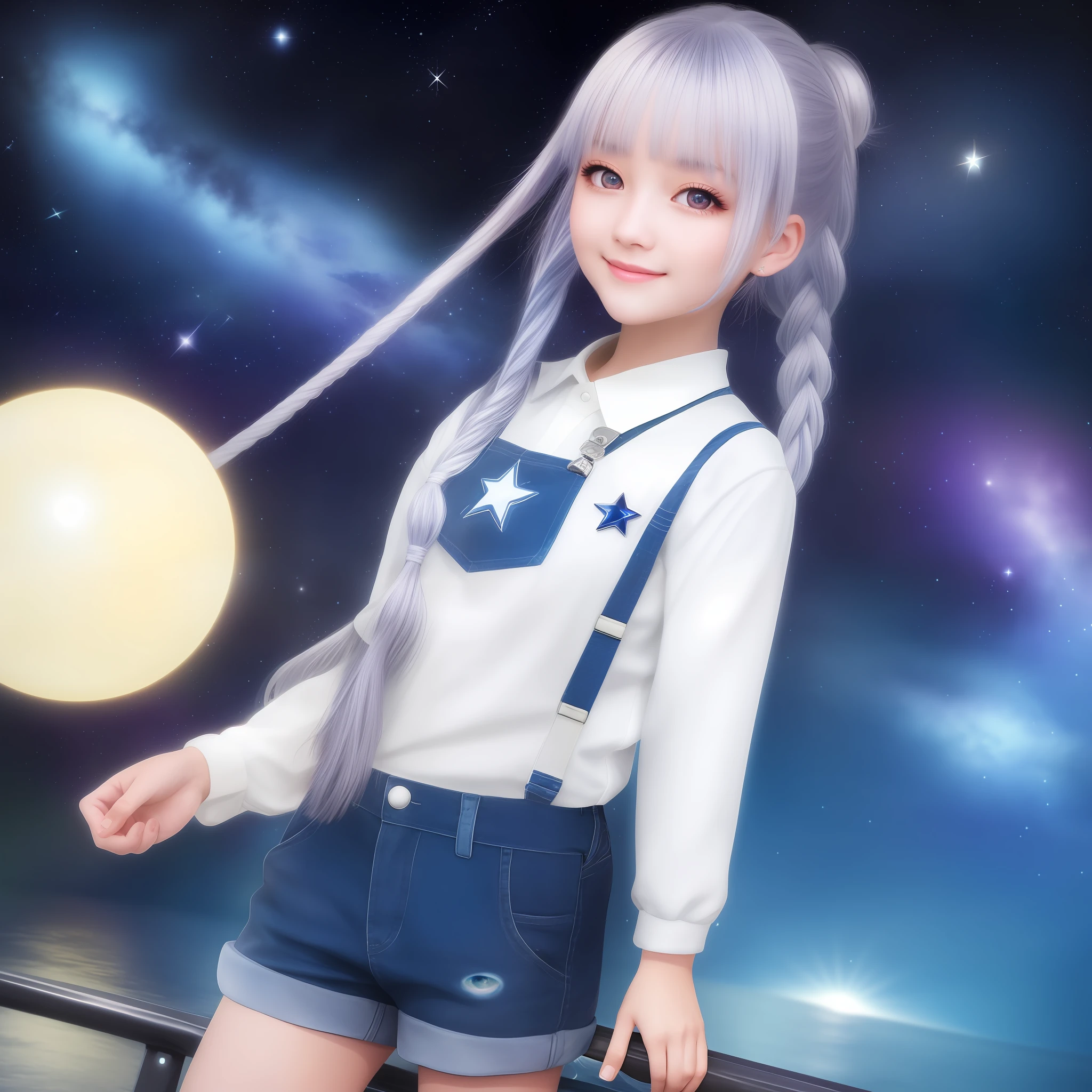 Sister, Night Background, {Masterpiece}, Best Quality, Illustration,, Single, {1 Girl}, {Beautiful Eye of Detail}, Beautiful Galaxy with Details, Sky with Details, Beautiful Water, Beautiful, {{Shorts}, Silver Hair, White Uniform, Long Sleeves, Long Hair, {{White Dungaree}}, Braided Ponytail, Bright Eyes, Bright Smile, {Eye Star} {Glittery Anime Eyes}, Blue Collar, Bright Stars,