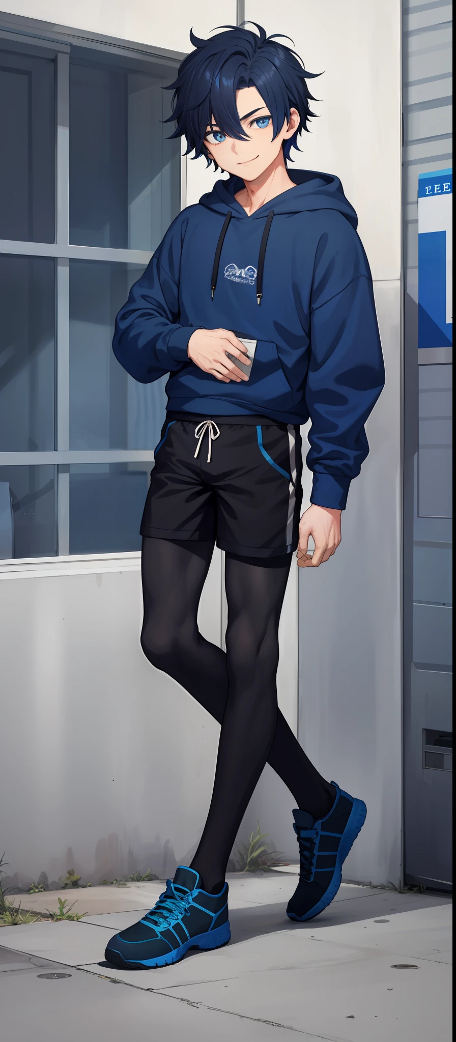 1boy,androgynous, bodybuilding, dark blue messy hair, wide extremely vibrant blue eyes, hd, masterpiece, vibrant, black shoes, slim dark blue hoodie, full body view, warm smile, black stockings