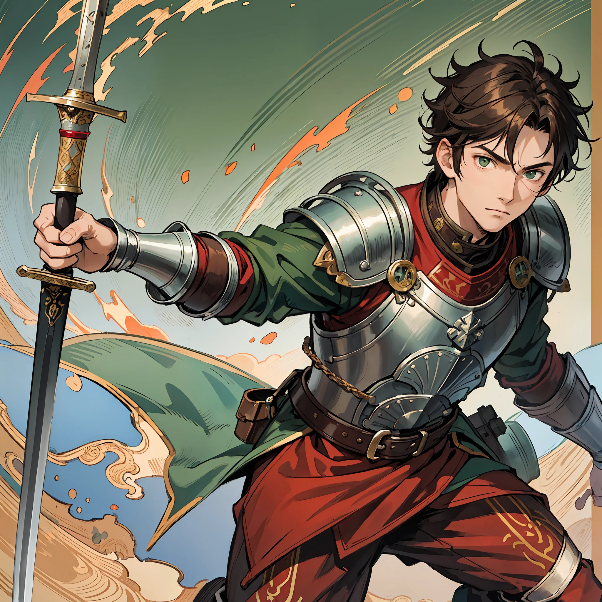 a 17-year-old teenage boy, 1 boy, brown short hair, short hair parted in the middle, bright green eyes, without a beard, without a goatee, no facial hair, silver and red medieval knight armor, red clothes, detailed background, oriental warrior, boy, combat arts, holding an medieval sword
