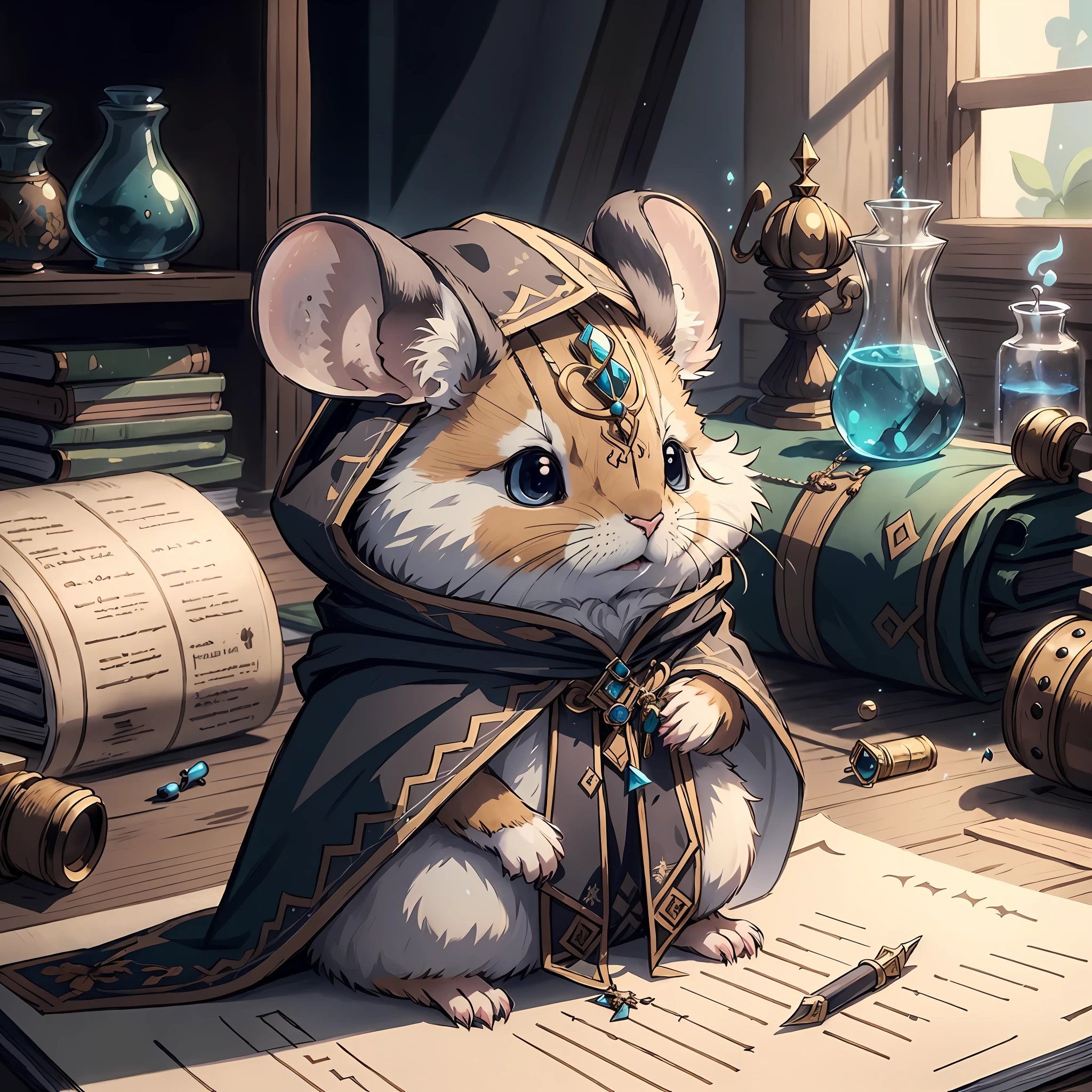 there is a cat that is sitting on a desk with a book, maplestory mouse, cute chibi rat wizard, alchemist library background, roleplaying game art, a mouse in a gothic atelier, fantasy alchemist laboratory, anthropomorphic mouse, he is in a alchemist lab, cute detailed digital art, cyberpunk mouse folk engineer, magical concept art, high quality dnd illustration