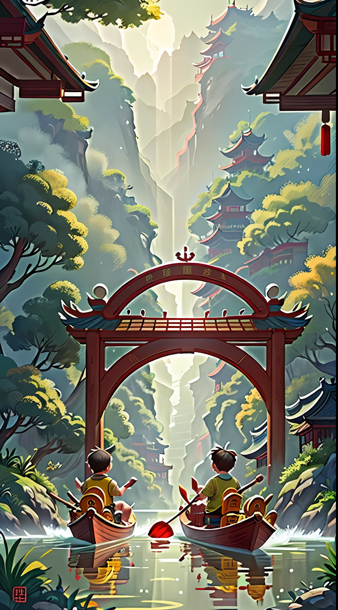 Poster design, (SFW), two boys rowing dragon boats, Chinese dragon, background is a small river interspersed in a Chinese-style street, clear focus, wide-angle lens, "the hometown of Chinese dragon boats", Shunfeng Mountain Park archway, national chao style, Foshan Shunde food elements, epic, advanced, master, national tide style, national tide style!!!!!!!