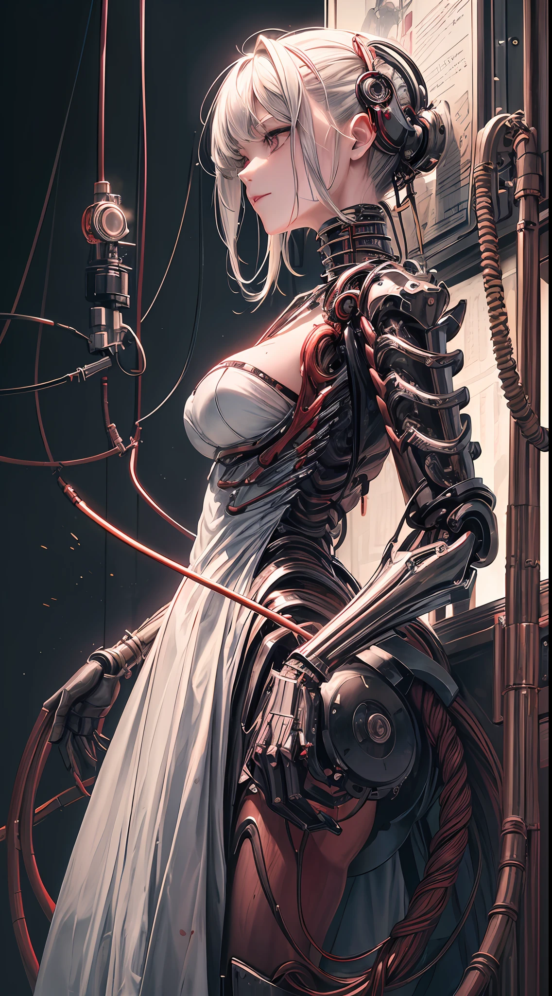 (((Masterpiece))), ((Best Quality)), (Super Detail), (CG Illustration), (Very Evil and Beautiful)), Cinematic Light, ((1 Mechanical Girl)), Single, (Mechanical Art: 1.4), ((Mechanical limb)), (Blood vessel attached to a tube), ((Mechanical spine attached to the back)), ((Mechanical cervical vertebrae attached to the neck), (Back to the viewer)), expressionless, ( Wires and cables attached to the head and body: 1.5), Science Fiction, Apocalypse, Ruins, (Lower Body Integrated with Mechanical Devices), (Blood: 1.5), Cruelty, Absurdity, Eroglotesque, Fusion with Machines, Doomsday Time, Super Future, Inorganic, Laboratory, Restraint, (Beautiful Indulgence: 1.2), (1 Girl: 1.3)