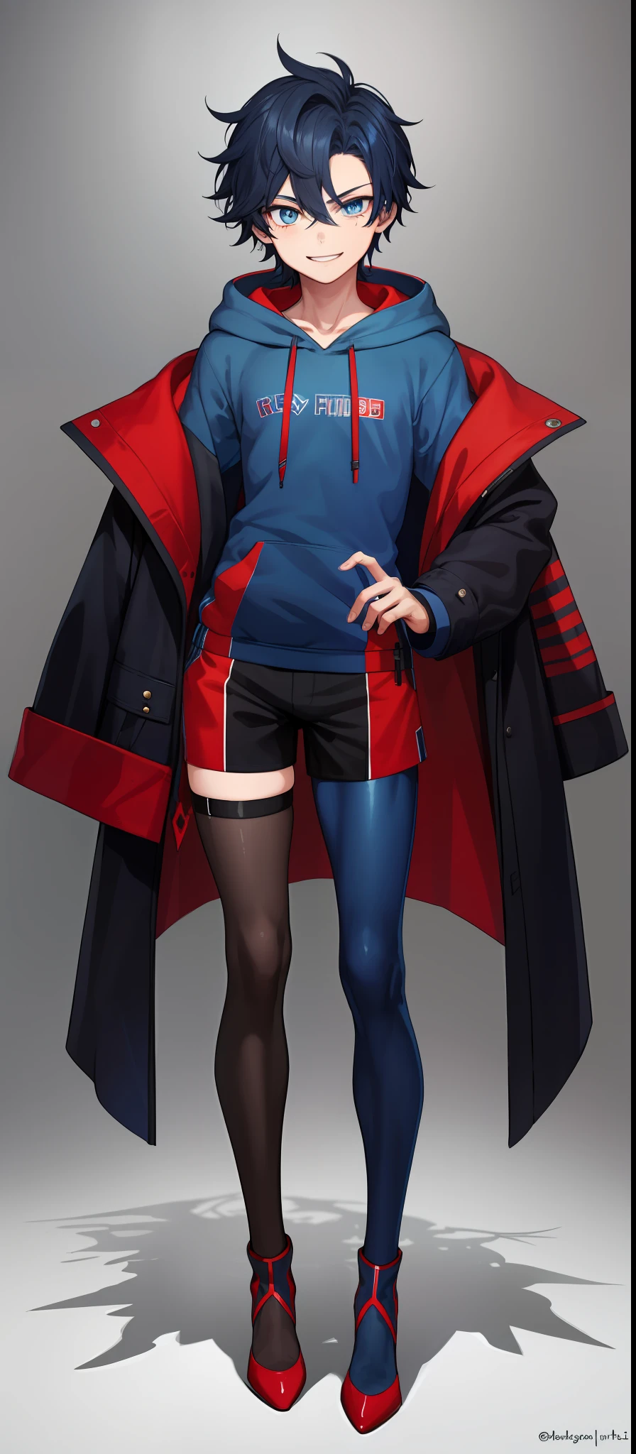 1boy, androgynous, bodybuilding, dark blue messy hair, wide extremely vibrant blue eyes, hd, masterpiece, vibrant, red high heels, slim dark blue hoodie, full body view, warm smile, black stockings