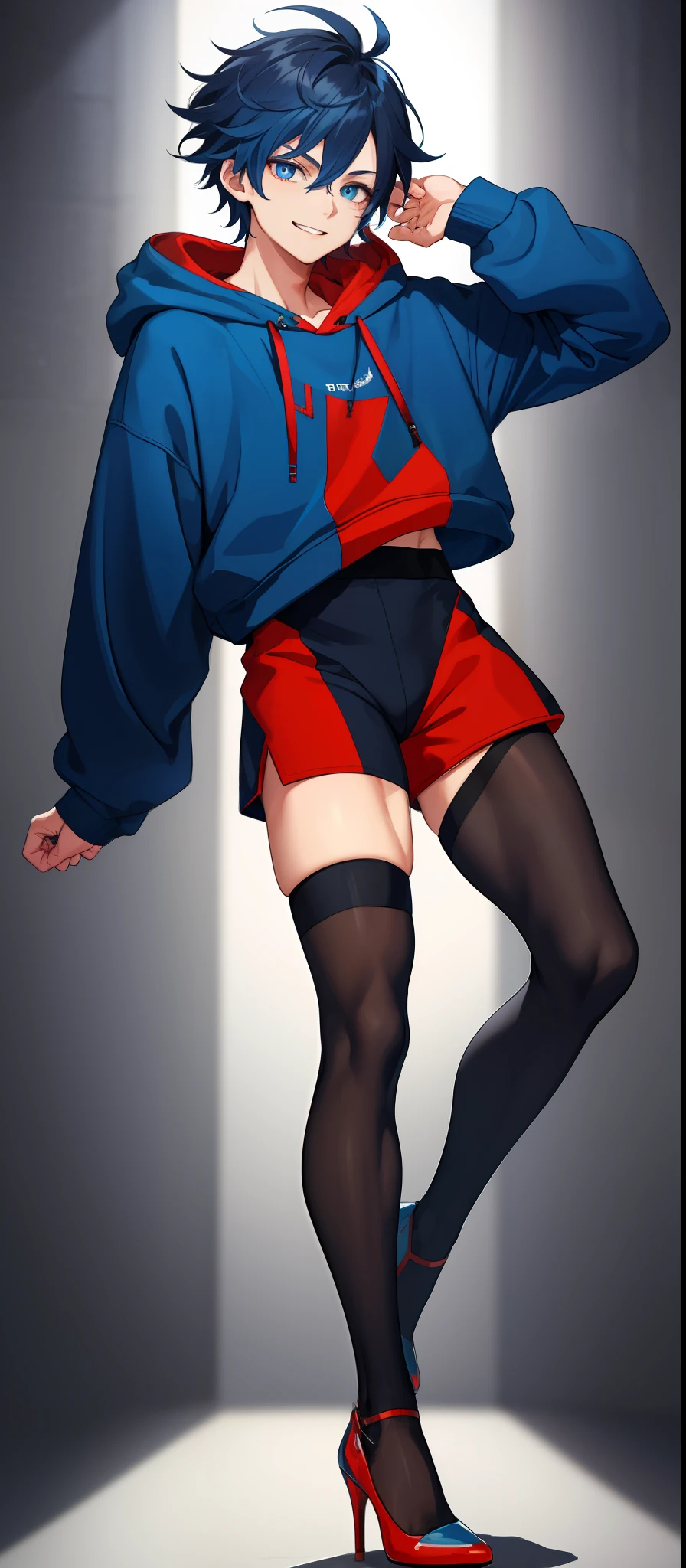 1boy, androgynous, bodybuilding, dark blue messy hair, wide extremely vibrant blue eyes, hd, masterpiece, vibrant, red high heels, slim dark blue hoodie, full body view, warm smile, black stockings