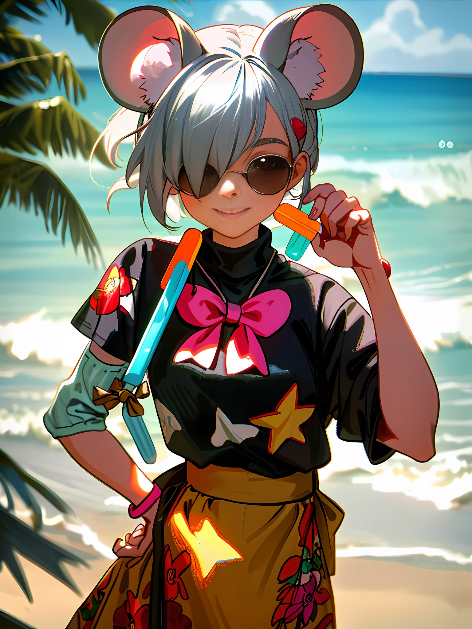Silver hair, hair over one eye, rat lady, eighties,cute,Innocent smile, vintage costume, short double tail, hairpins, raised eyebrows, mouse ears, beach in Miami, Miami Hotline,sunglasses, vintage style, right hand holding popsicles, 8k, super detail, super detail, textured skin, anatomically correct, high quality, masterpiece, ccurate, UHD