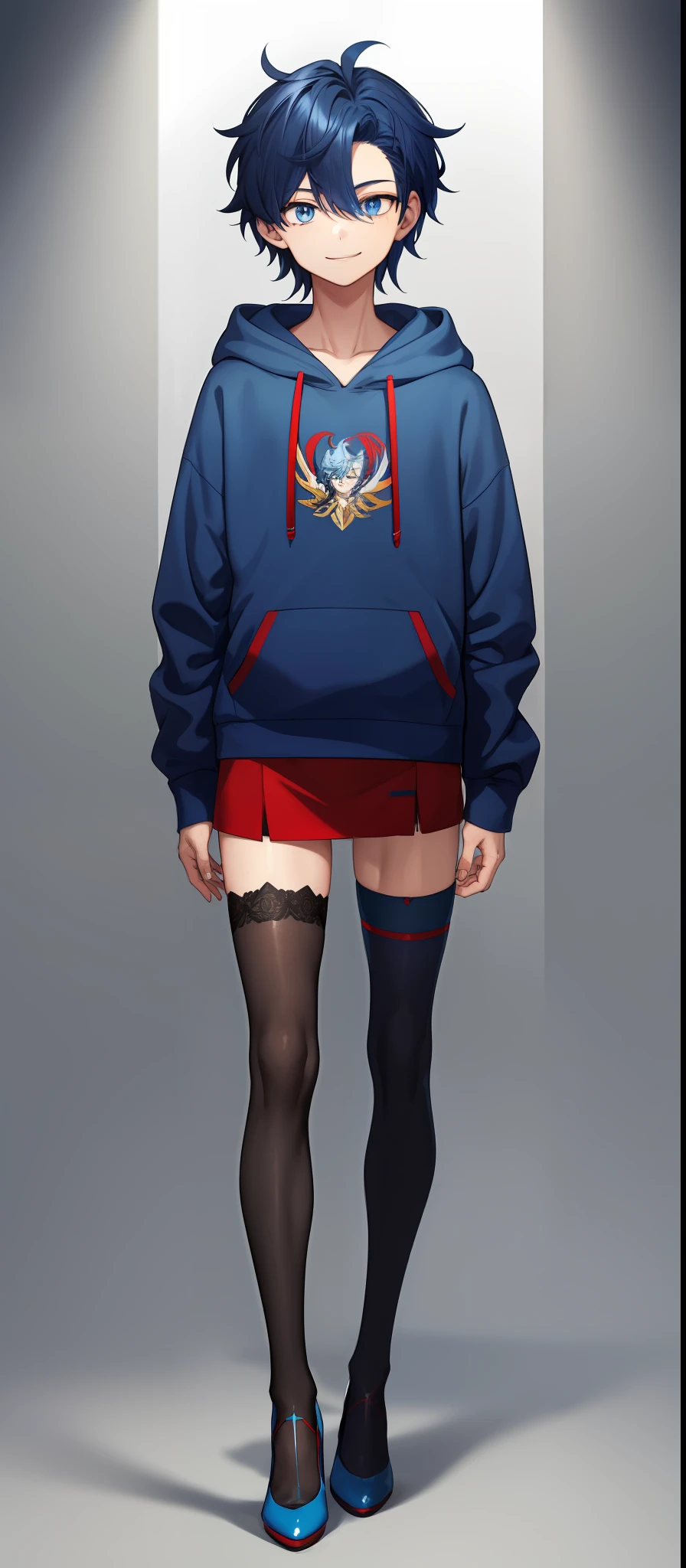 1boy, hermaphroditic, bodybuilding, dark blue messy hair, wide extremely vibrant blue eyes, hd, masterpiece, vibrant, red high heels, slim dark blue hoodie, blue miniskirt, full body view, warm smile, black stockings