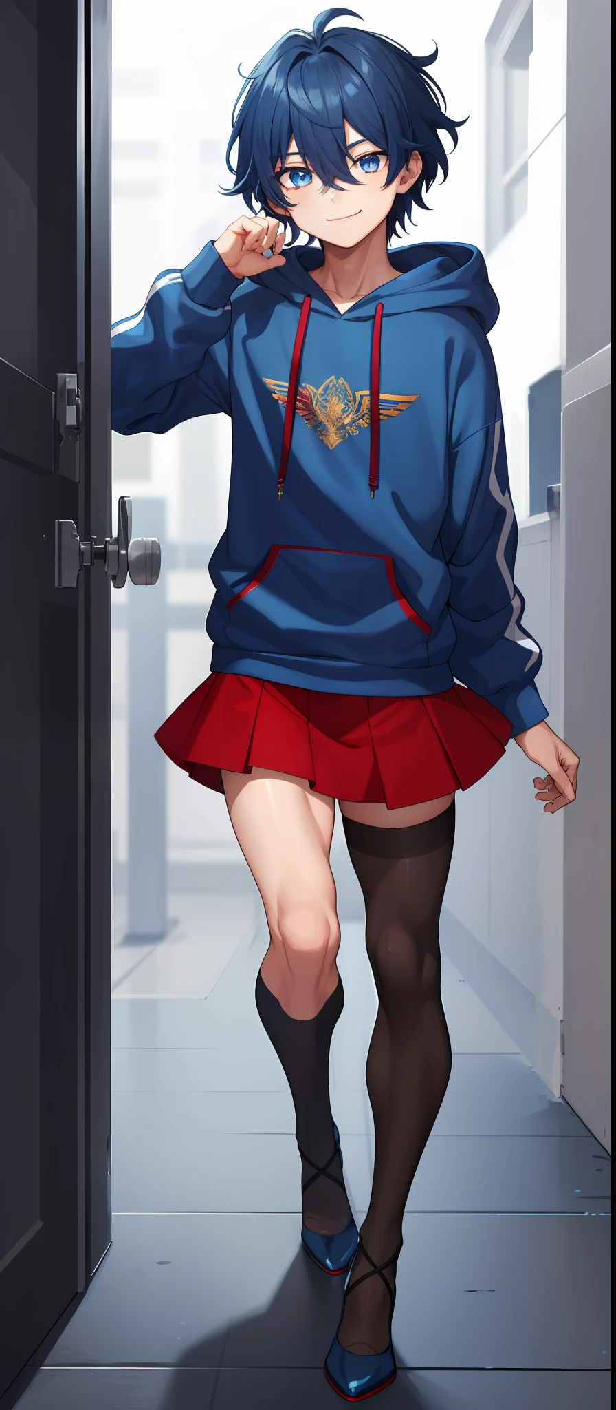 1boy, hermaphroditic, bodybuilding, dark blue messy hair, wide extremely vibrant blue eyes, hd, masterpiece, vibrant, red high heels, slim dark blue hoodie, blue miniskirt, full body view, warm smile, black stockings