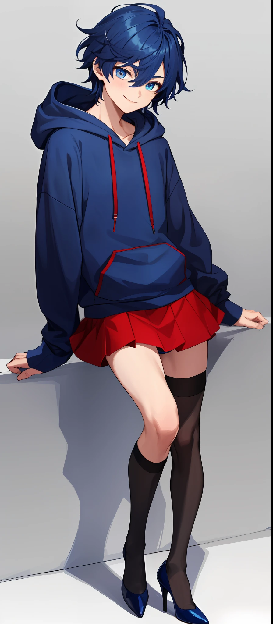 1boy, hermaphroditic, bodybuilding, dark blue messy hair, wide extremely vibrant blue eyes, hd, masterpiece, vibrant, red high heels, slim dark blue hoodie, blue miniskirt, full body view, warm smile, black stockings