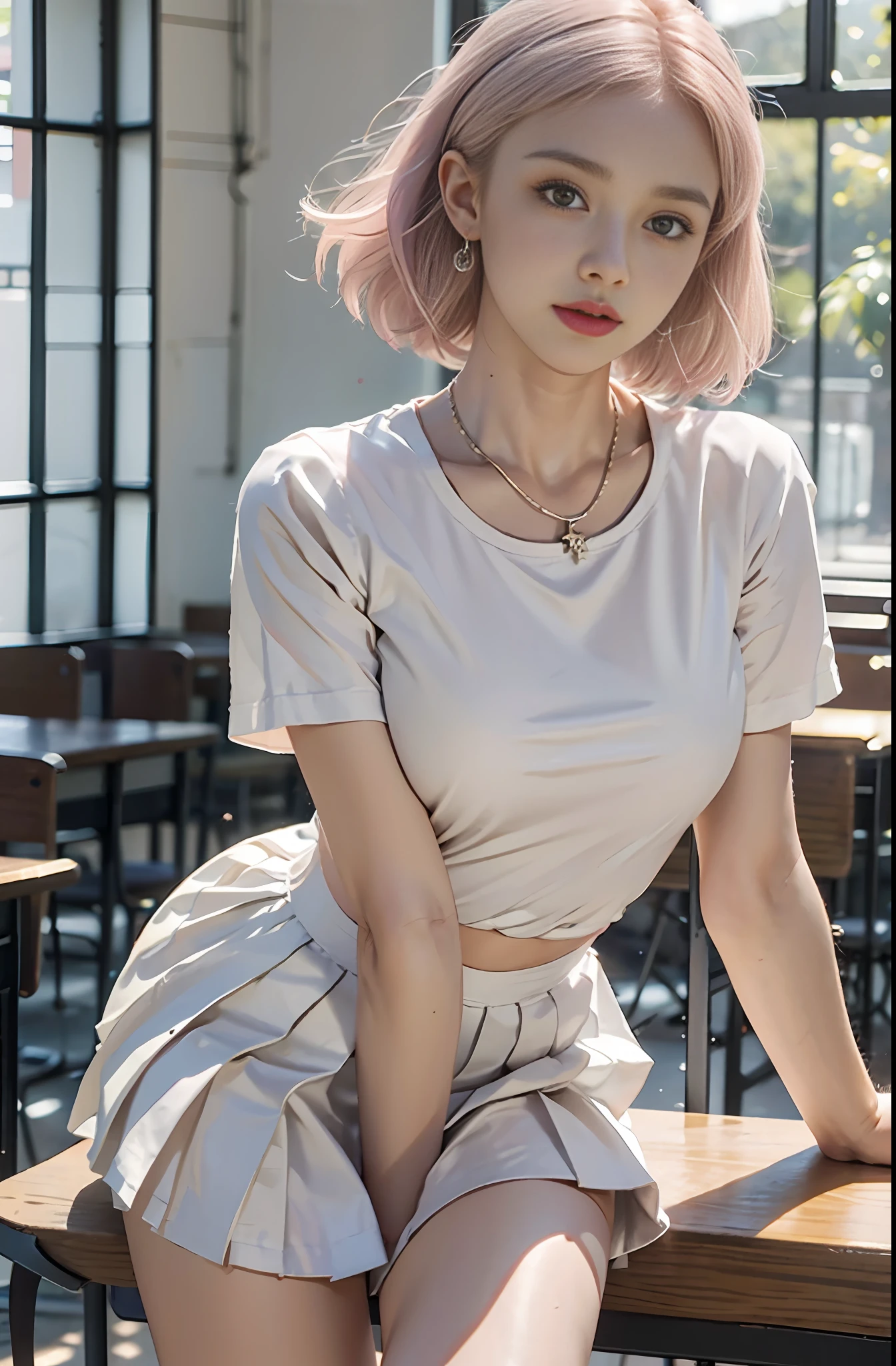 Large aperture f1.2, blurry, classroom, blurred background, masterpiece, 1 girl, waist up, faint smile, shiny skin, best quality, (realistic: 1.4), loose white shirt, pink pleated skirt, white stockings, background blur, focal length on person, (large aperture: 1.2), pink hair, necklace, earrings, classroom, school, night