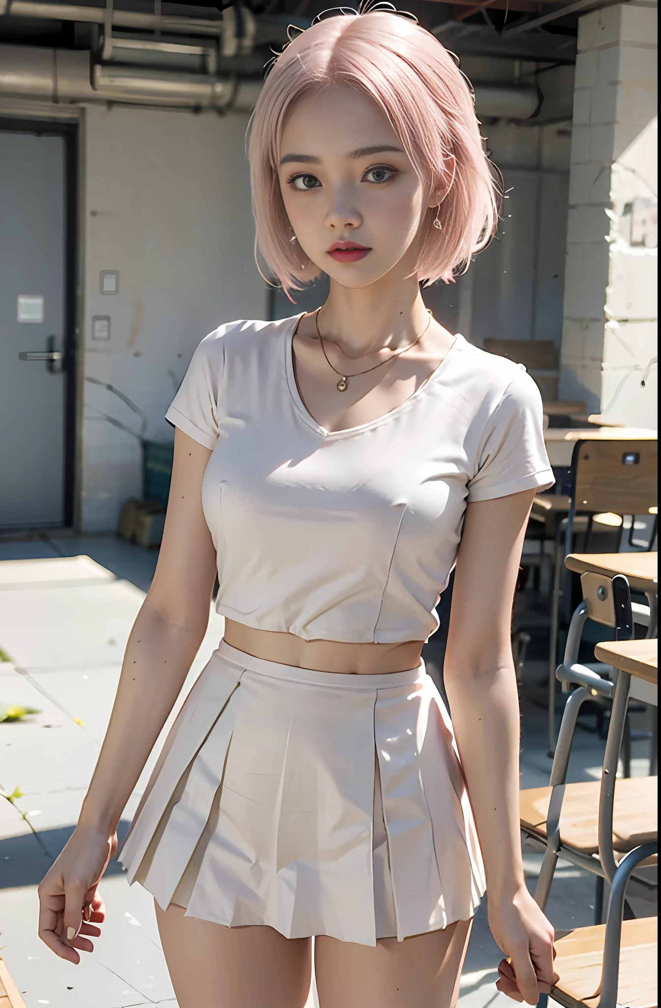 Large aperture f1.2, blurry, classroom, blurred background, masterpiece, 1 girl, waist up, faint smile, shiny skin, best quality, (realistic: 1.4), loose white shirt, pink pleated skirt, white stockings, background blur, focal length on person, (large aperture: 1.2), pink hair, necklace, earrings, classroom, school, night