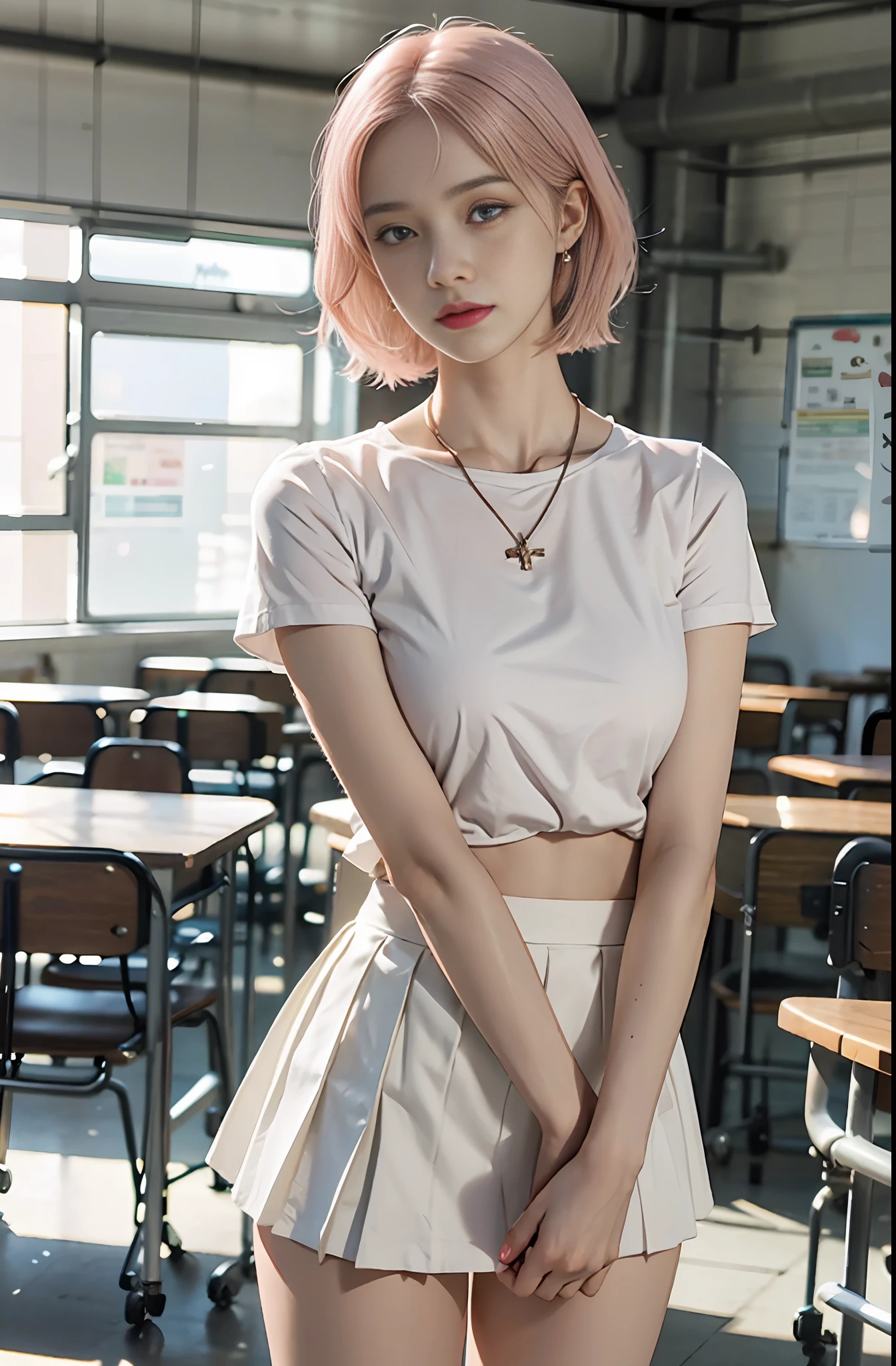 Large aperture f1.2, blurry, classroom, blurred background, masterpiece, 1 girl, waist up, faint smile, shiny skin, best quality, (realistic: 1.4), loose white shirt, pink pleated skirt, white stockings, background blur, focal length on person, (large aperture: 1.2), pink hair, necklace, earrings, classroom, school, night