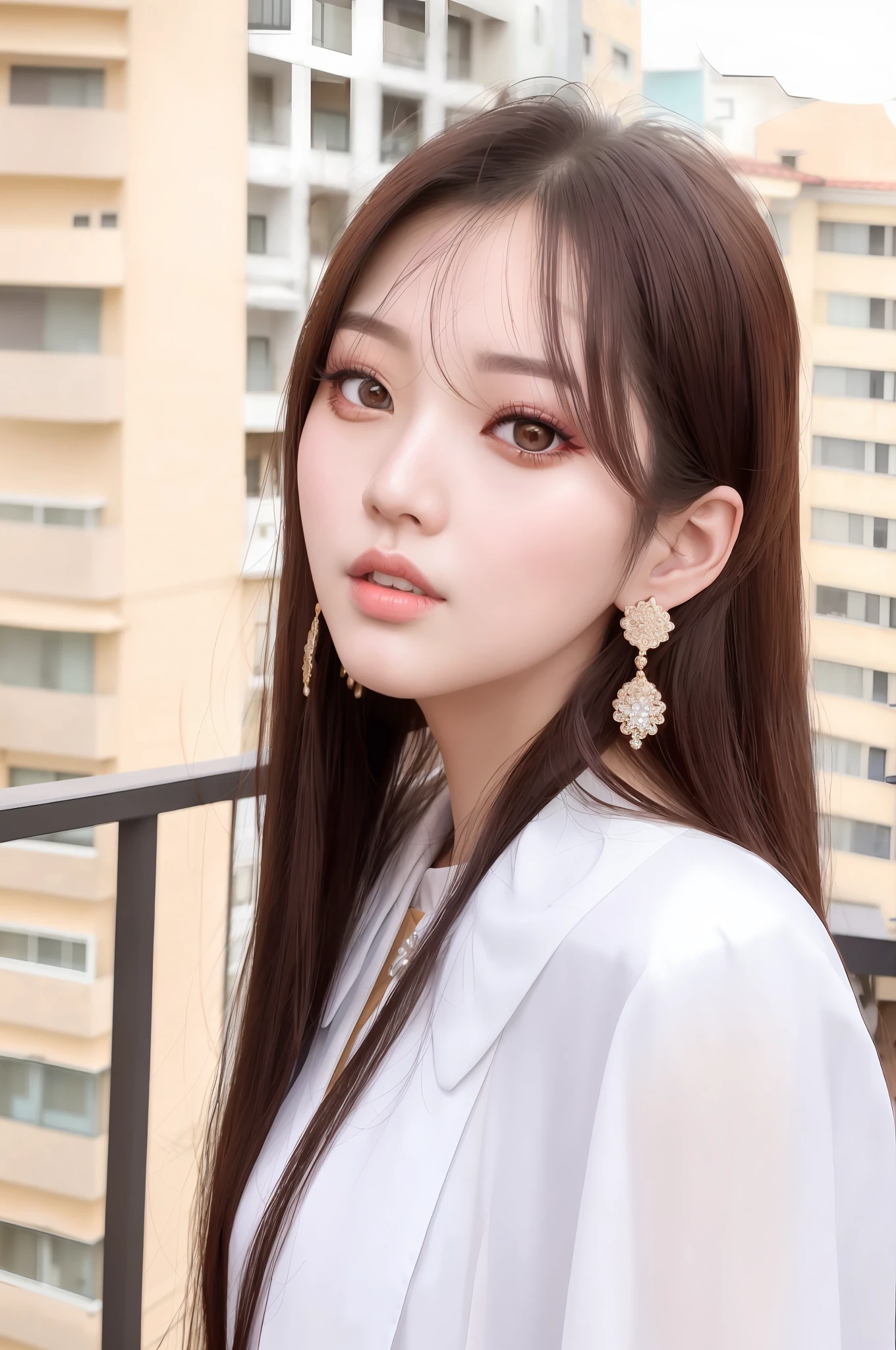 Arad woman standing on balcony with long hair and earrings, popular korean makeup, young cute korean face, popular korean makeup, beautiful korean woman, beautiful korean young woman, beautiful aesthetic face, ulzzang, gorgeous young korean woman, korean face features, korean girl, 8k selfie photo, kim young-sin, round face, qi liuhai, vest, sexy