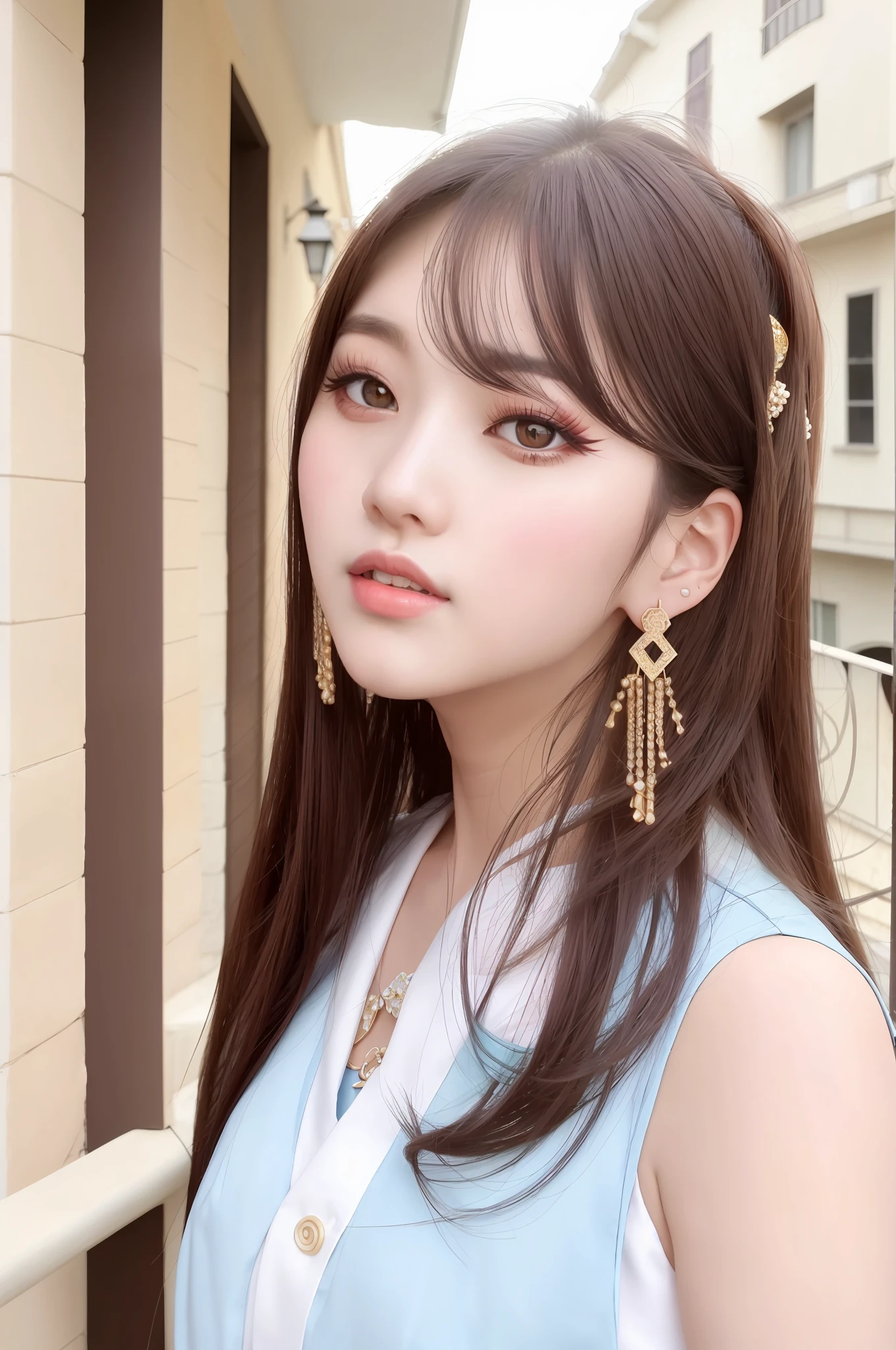 Arad woman standing on balcony with long hair and earrings, popular korean makeup, young cute korean face, popular korean makeup, beautiful korean woman, beautiful korean young woman, beautiful aesthetic face, ulzzang, gorgeous young korean woman, korean face features, korean girl, 8k selfie photo, kim young-sin, round face, qi liuhai, vest, sexy
