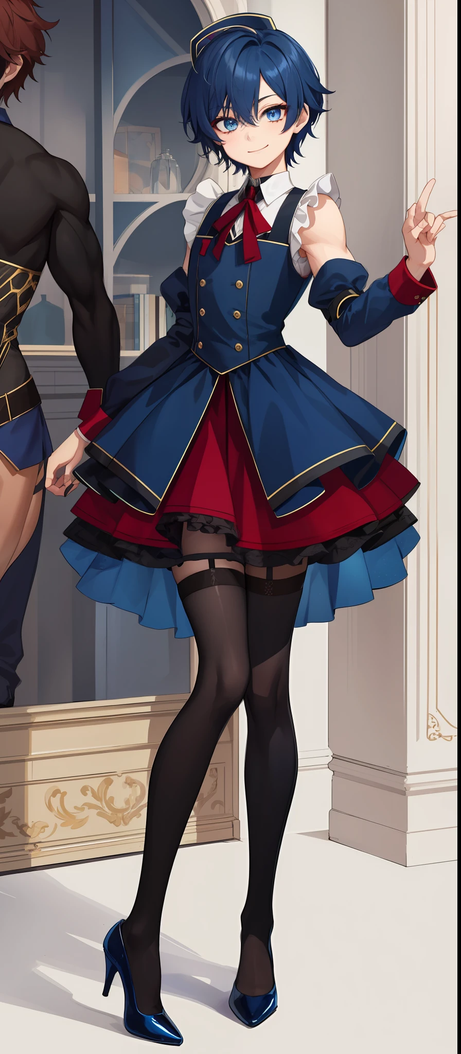 1boy, androgynous, bodybuilding, dark blue messy hair, wide extremely vibrant blue eyes, HD, masterpiece, vibrant, red high heels, slim slim maid outfit, miniskirt, full body view, warm smile, black stockings