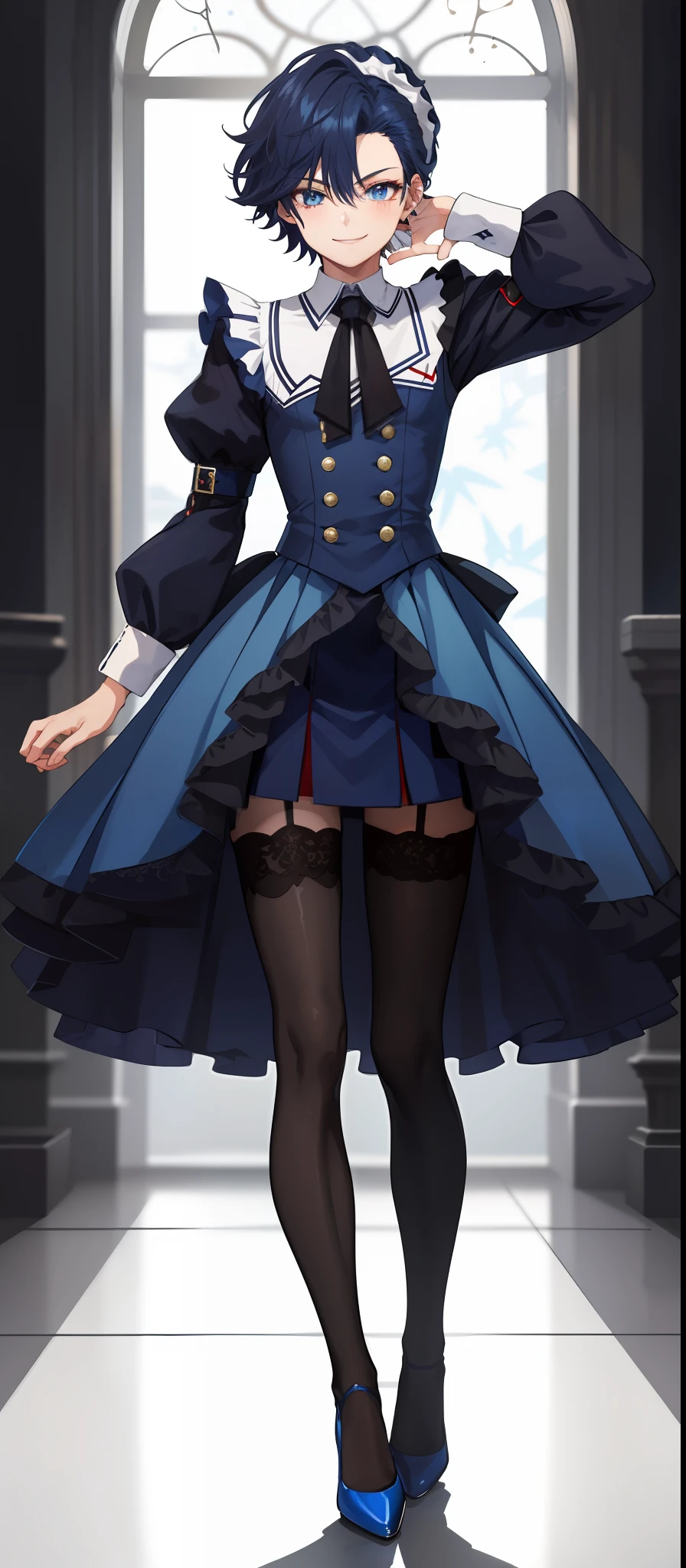 1boy, androgynous, bodybuilding, dark blue messy hair, wide extremely vibrant blue eyes, HD, masterpiece, vibrant, red high heels, slim slim maid outfit, miniskirt, full body view, warm smile, black stockings