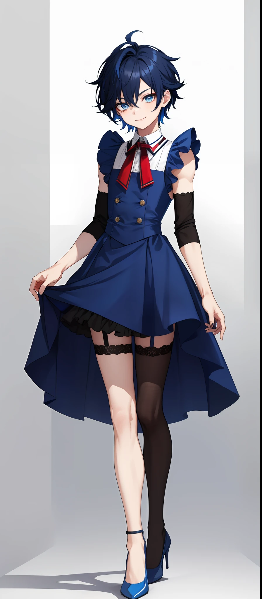 1boy, androgynous, bodybuilding, dark blue messy hair, wide extremely vibrant blue eyes, HD, masterpiece, vibrant, red high heels, slim slim maid outfit, miniskirt, full body view, warm smile, black stockings