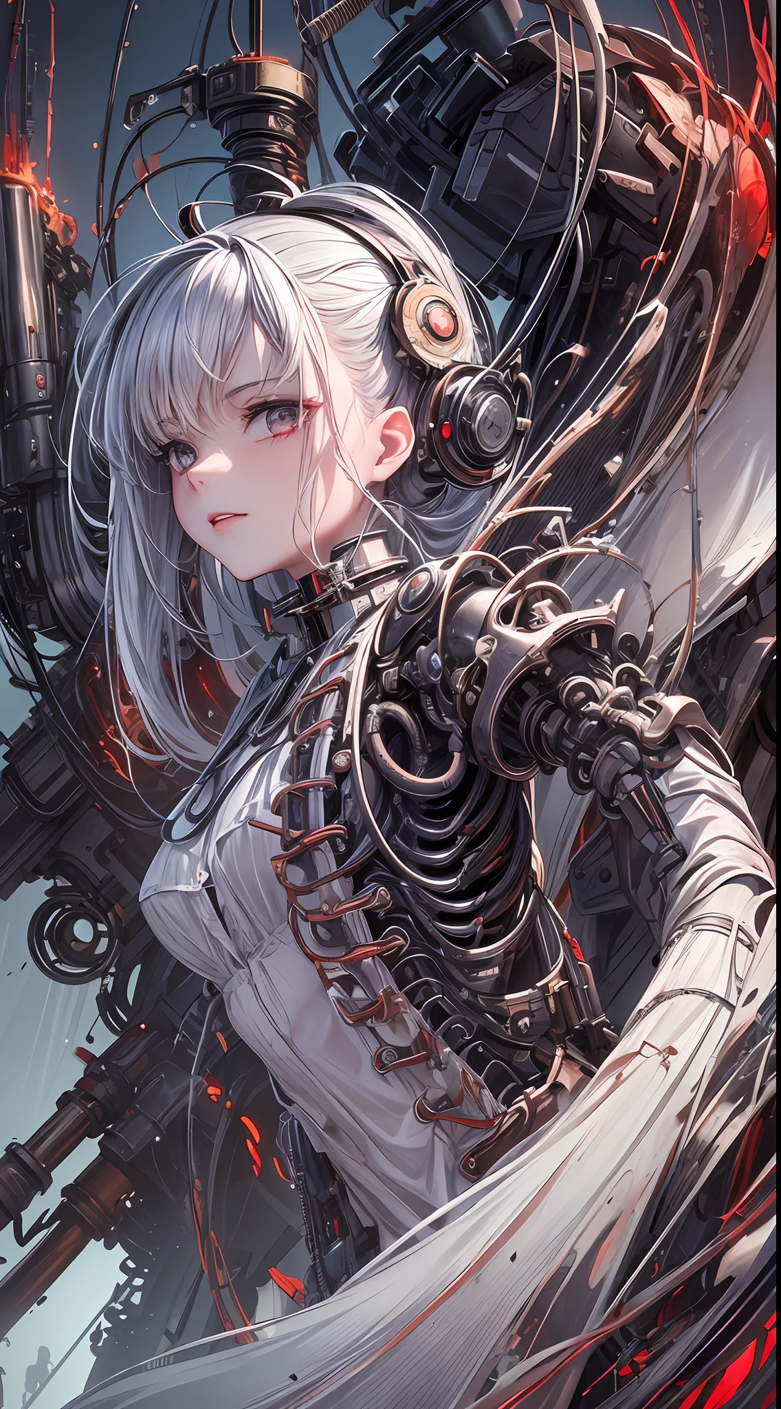 (((Masterpiece))), ((Best Quality)), (Super Detail), (CG Illustration), (Very Evil and Beautiful)), Cinematic Light, ((1 Mechanical Girl)), Single, (Mechanical Art: 1.4), ((Mechanical limb)), (Blood vessel attached to a tube), ((Mechanical spine attached to the back)), ((Mechanical cervical vertebrae attached to the neck), (Back to the viewer)), expressionless, ( Wires and cables attached to the head and body: 1.5), Science Fiction, Apocalypse, Ruins, (Lower Body Integrated with Mechanical Devices), (Blood: 1.5), Cruelty, Absurdity, Eroglotesque, Fusion with Machines, Doomsday Time, Super Future, Inorganic, Laboratory, Restraint, (Beautiful Indulgence: 1.2), (1 Girl: 1.3)