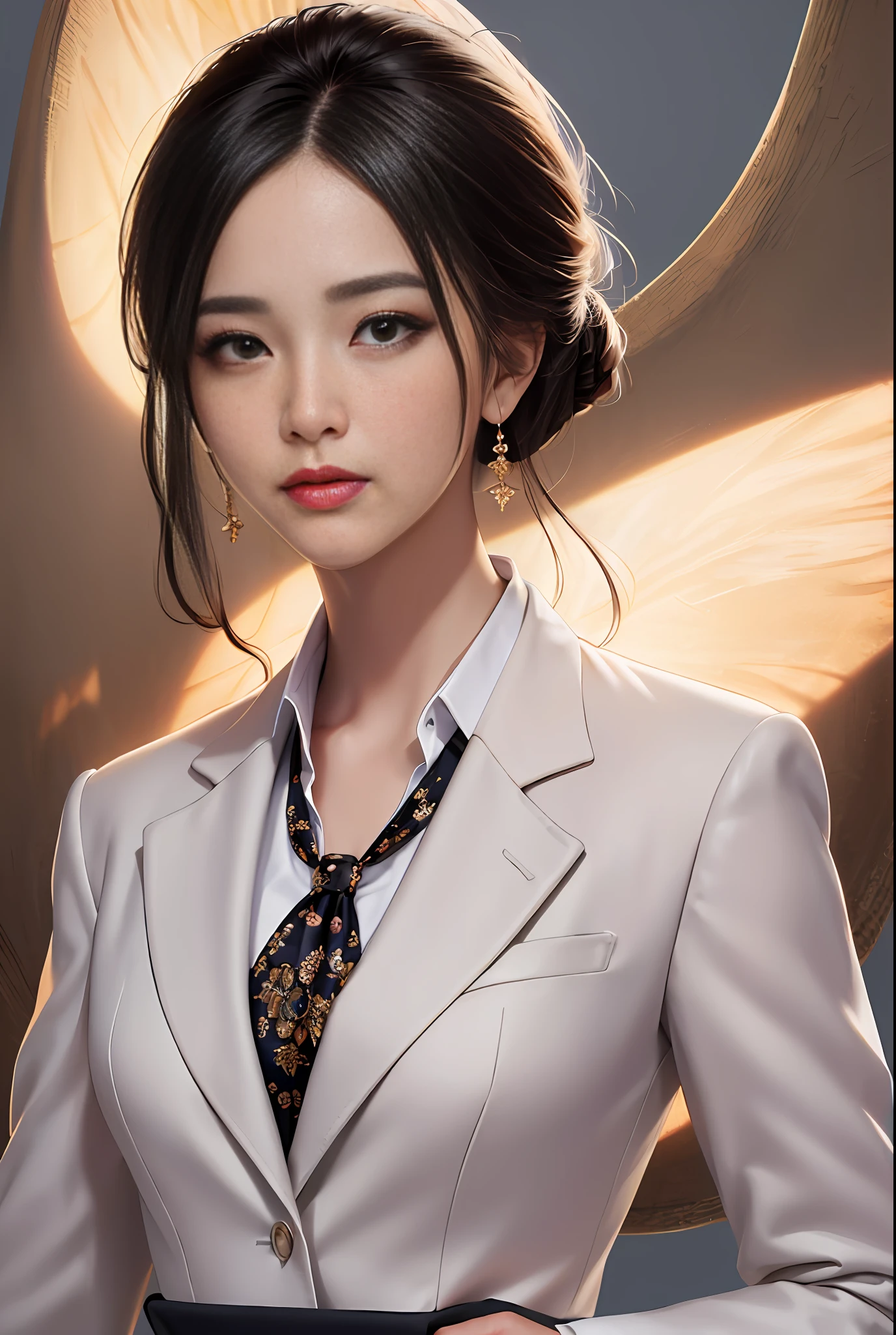 a close up of a woman in a dress holding a purse, business attire, wearing fashion suit, elegant clothes, well - dressed, elegant suit, style kim jung gi, high fashion classy, sakimichan, stylish suit, korean, korean women's fashion model, office clothes, wearing business casual dress, jacket, suit, femme, business clothes, (hyperrealistic), (illustration), (high resolution), (8K), (extremely detailed), (best illustration), (beautiful detailed eyes), (best quality), (ultra-detailed), (masterpiece), (wallpaper), (detailed face)