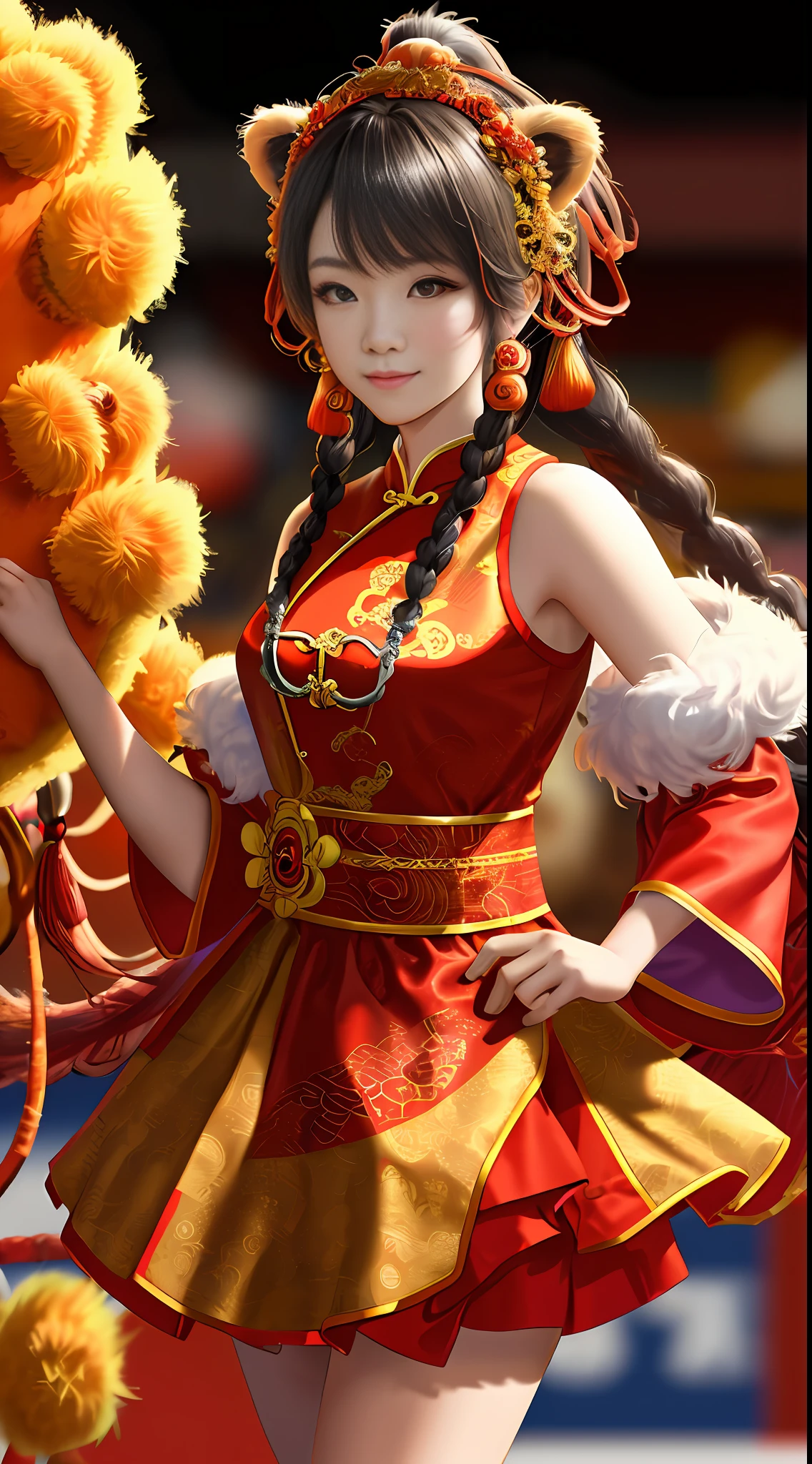 A lion dance girl, Dressed in a beautiful costume for the Chinese lion dance, Holding a large, fluffy lion dance, twin braids, light smile, Pixar, chiaroscuro, depth of field, motion blur, motion lines, stereogram, UHD, retina, masterpiece, textured skin, best quality, award winning