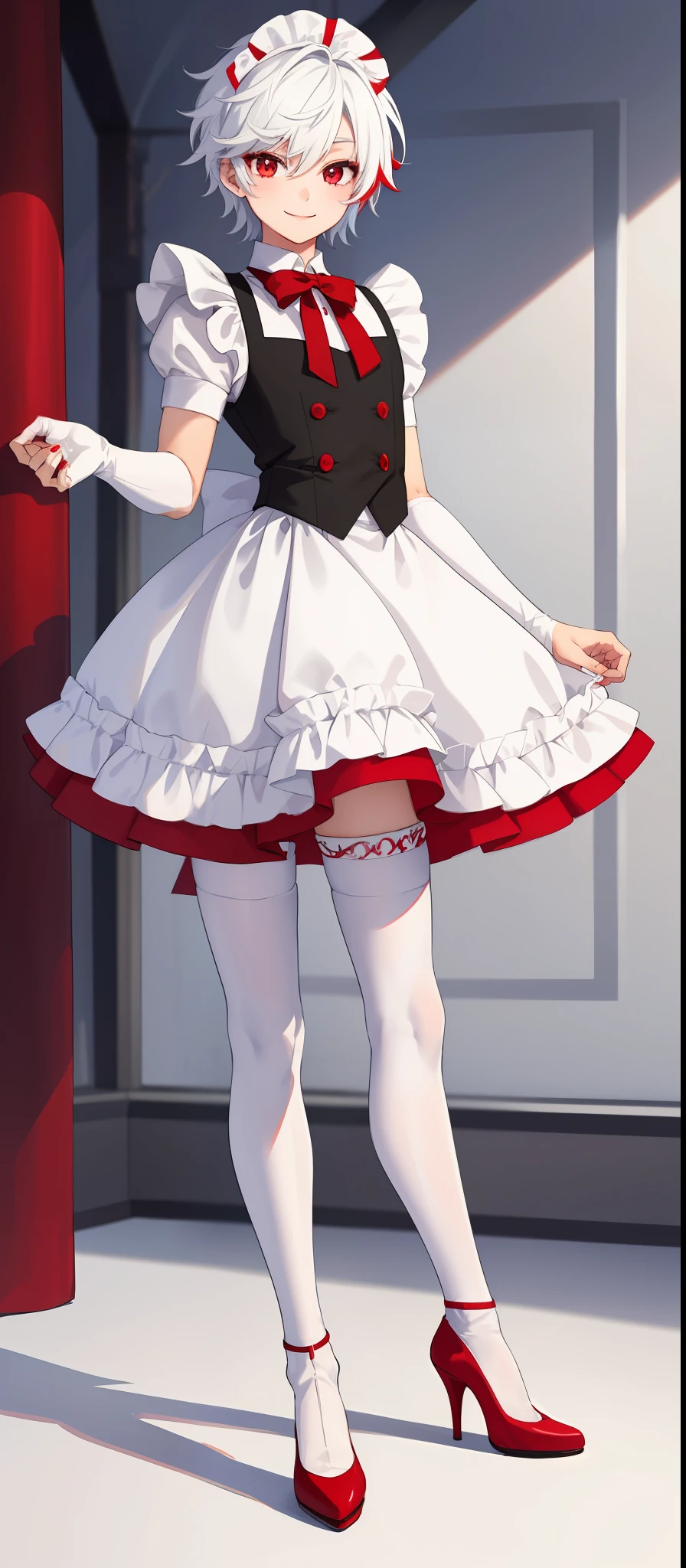 1boy,androgynous, bodybuilding, snow white messy hair, wide extremely vibrant red eyes, hd, masterpiece, vibrant, red high heels, slim white slim maid outfit, white miniskirt, full body view, warm smile, white stockings