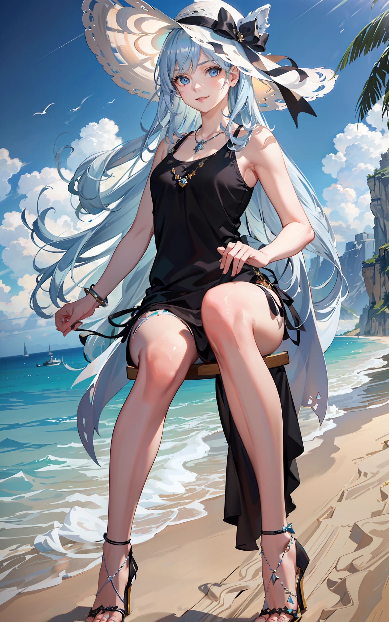 (masterpiece, finely detailed beautiful eyes: 1.2), (light-blue hair:1.2), (Zaffre eyes color:1.1), long hair, straight hair, (black tank top:1.2), realistic lighting, beautiful lighting, raytracing, photorealistic, (hyperrealistic:1.2), highres, 4k, 8k, (extremely detailed CG, 8k wallpaper:1.1), extremely detailed, sharp, digital illustration, detailed, realism, beautiful face, highly detailed face, ultra-realistic, masterpiece, detailed eyes, hyper-detailed, volumetric lighting, realistic shadows, intricate details, small details, cheerful, smile,  (white hat:1.2), silver_necklace, high heels, (on the beach:1.2),