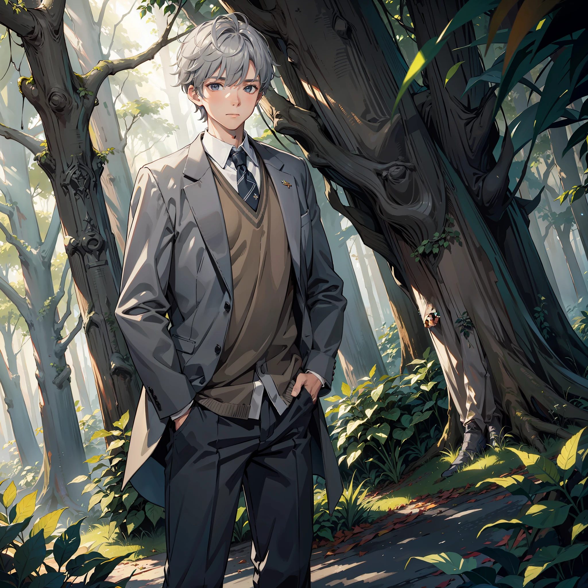 (Masterpiece: 1.2, Best Quality), (Soft Light), Forest, a boy, boy, gray hair, school uniform, hands in pockets