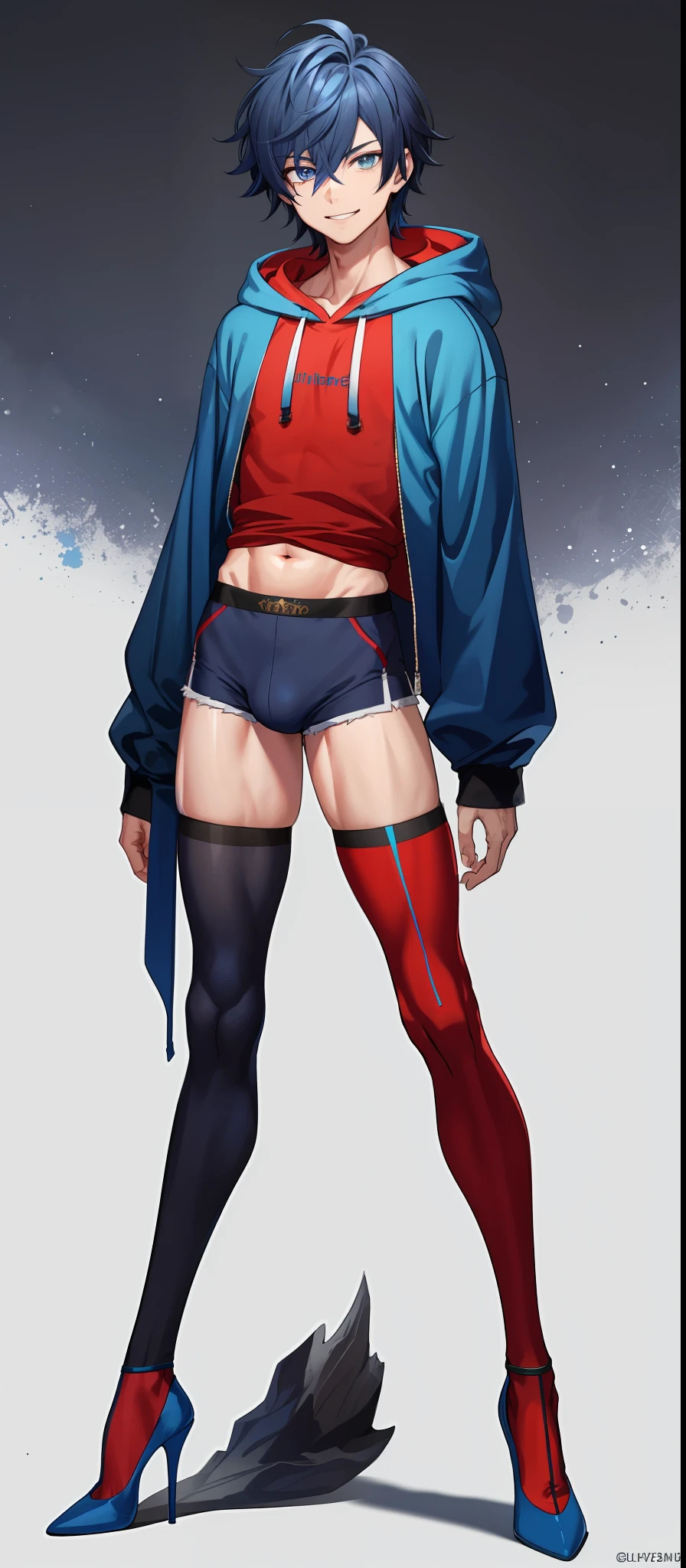 1boy,androgynous, bodybuilding, dark blue messy hair, wide extremely vibrant blue eyes, hd, masterpiece, vibrant, red high heels, slim dark blue hoodie, slim fit blue super shorts, full body view, warm smile, black stockings, male bulge, bulge