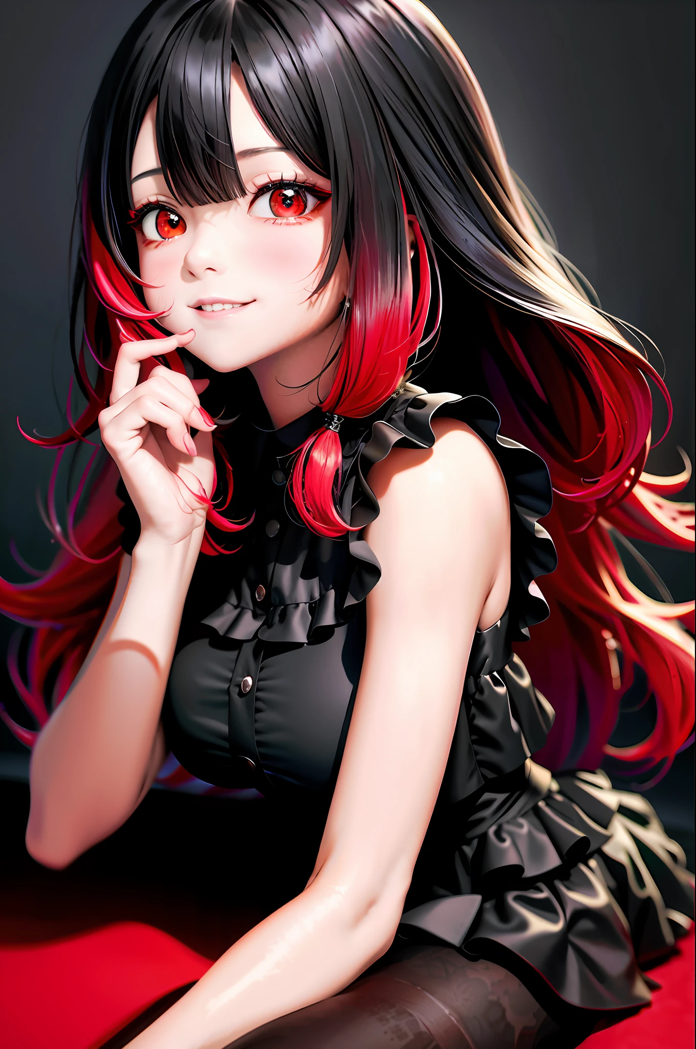 Top Quality, Masterpiece, Black Hair, Red Eyes, Looking Up, Upper Body, Kawaii, Ruffled Shirt, Smile,Red Hair