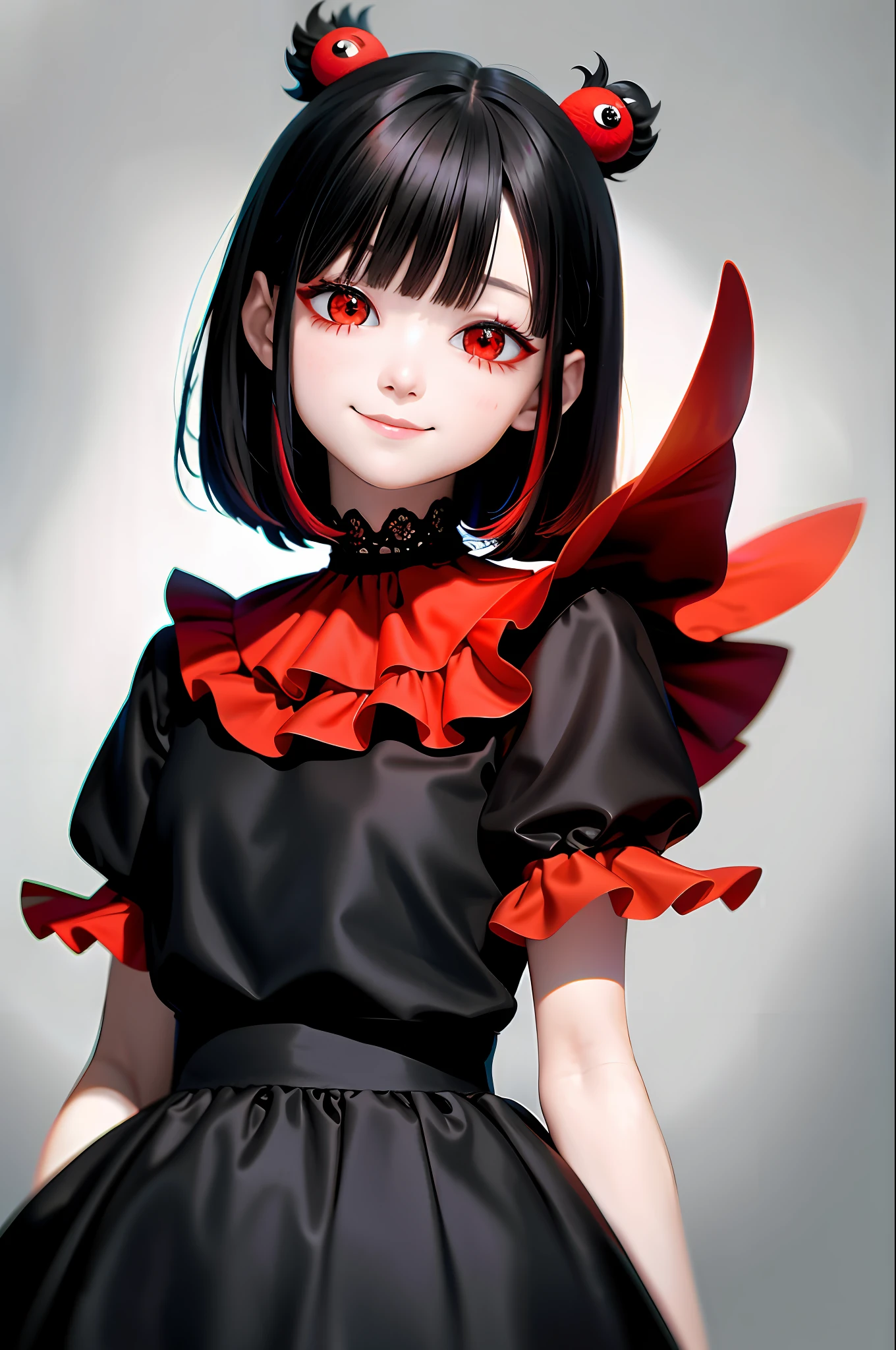 Top Quality, Masterpiece, Black Hair, Red Eyes, Looking Up, Upper Body, Kawaii, Ruffled Shirt, Smile,Red Hair