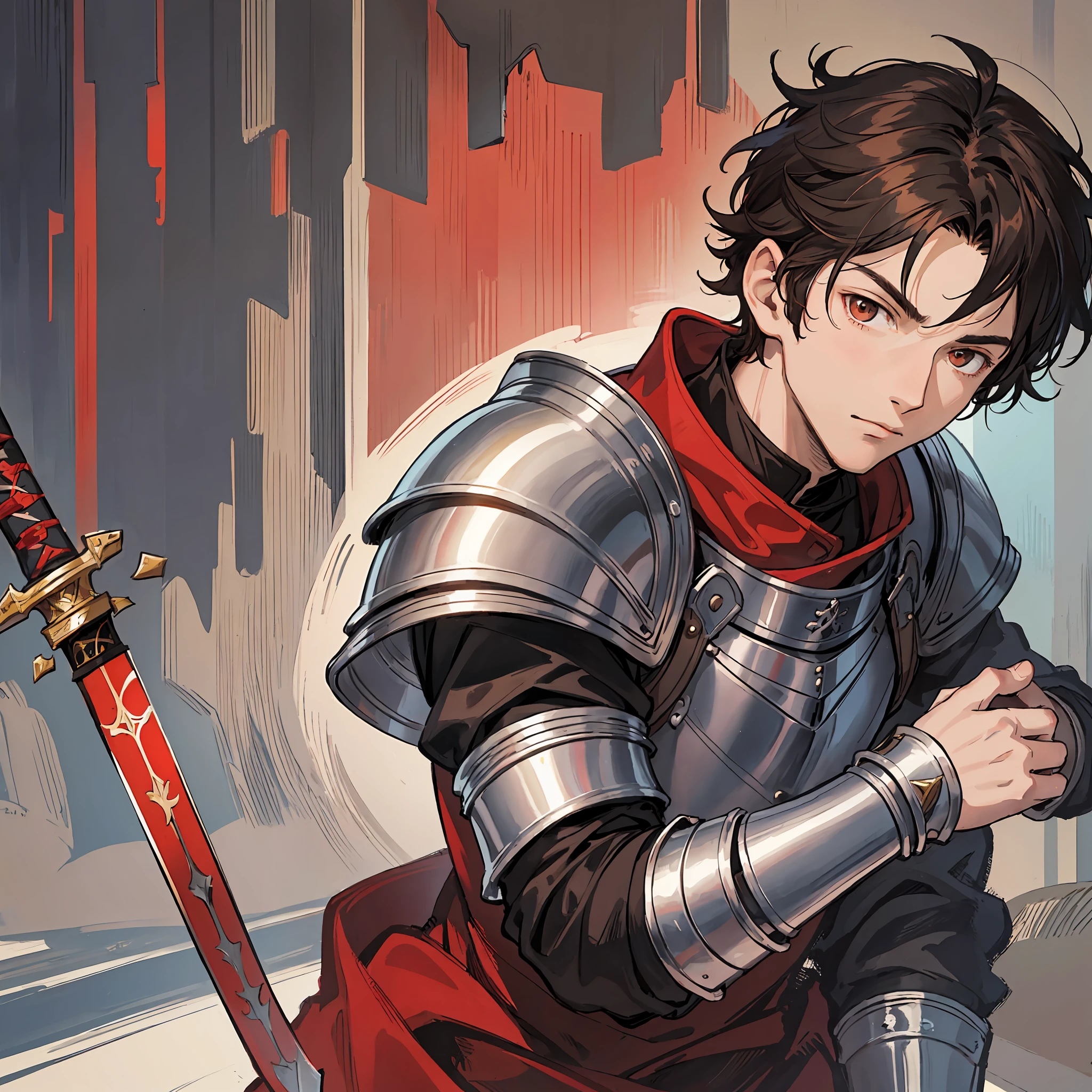 a 17-year-old teenage boy, 1 boy, brown short hair, short hair parted in the middle, bright eyes, without a beard, without a goatee, no facial hair, silver and red medieval knight armor, red clothes, detailed background, medieval warrior, boy, combat arts, holding an medieval sword