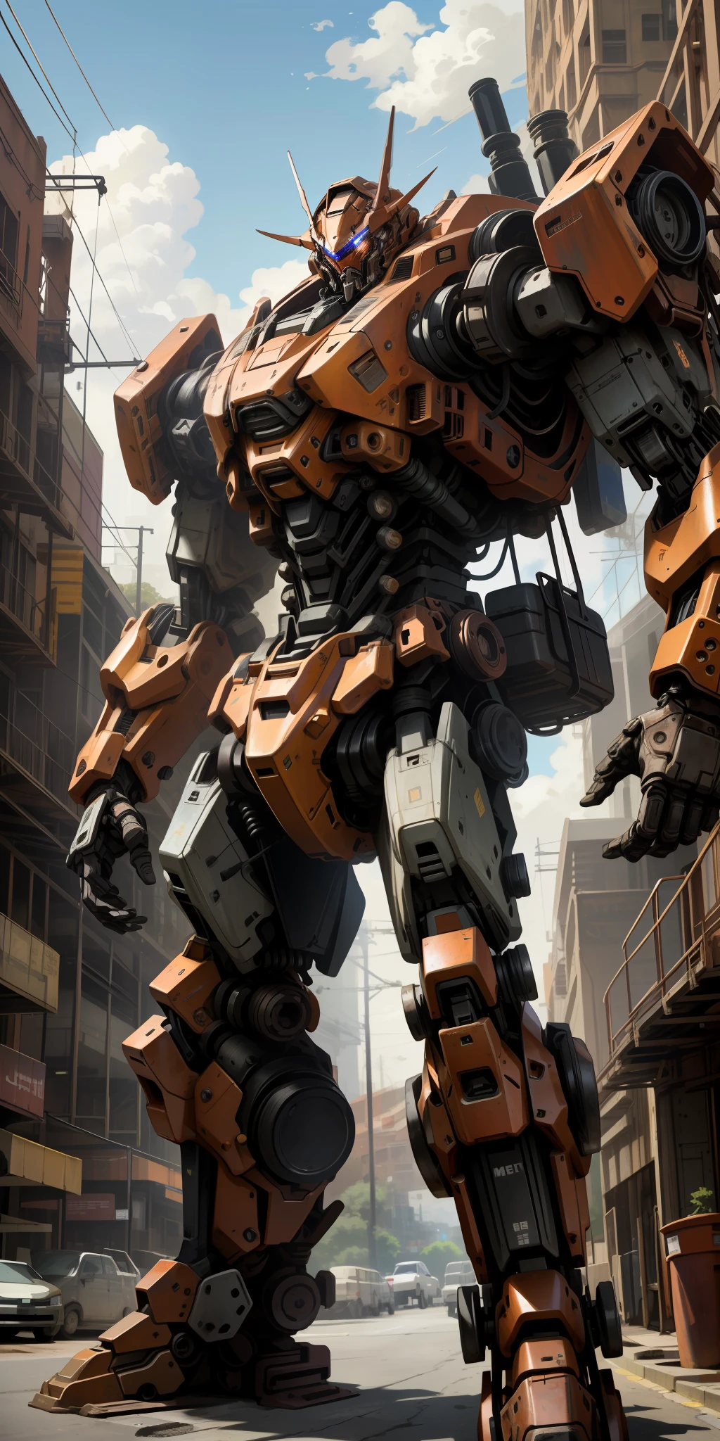 Portrait photo of Transformer, huge tires at waist, red eyes, rusty mech suit, intricate, (steel metal [rusty]), purple mech 1.8, shabby, elegant, clear focus, shot by Greg Rutkowski, soft lighting, bright colors, masterpiece, ((street)), full body drawing, cowboy shooting, dynamic pose,