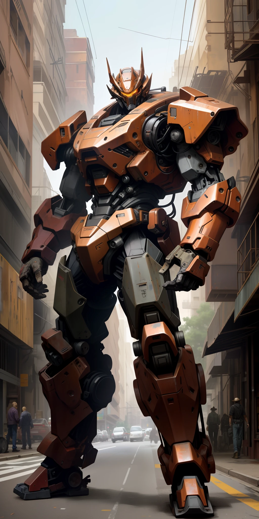 Portrait photo of Transformer, huge tires at waist, red eyes, rusty mech suit, intricate, (steel metal [rusty]), purple mech 1.8, shabby, elegant, clear focus, shot by Greg Rutkowski, soft lighting, bright colors, masterpiece, ((street)), full body drawing, cowboy shooting, dynamic pose,