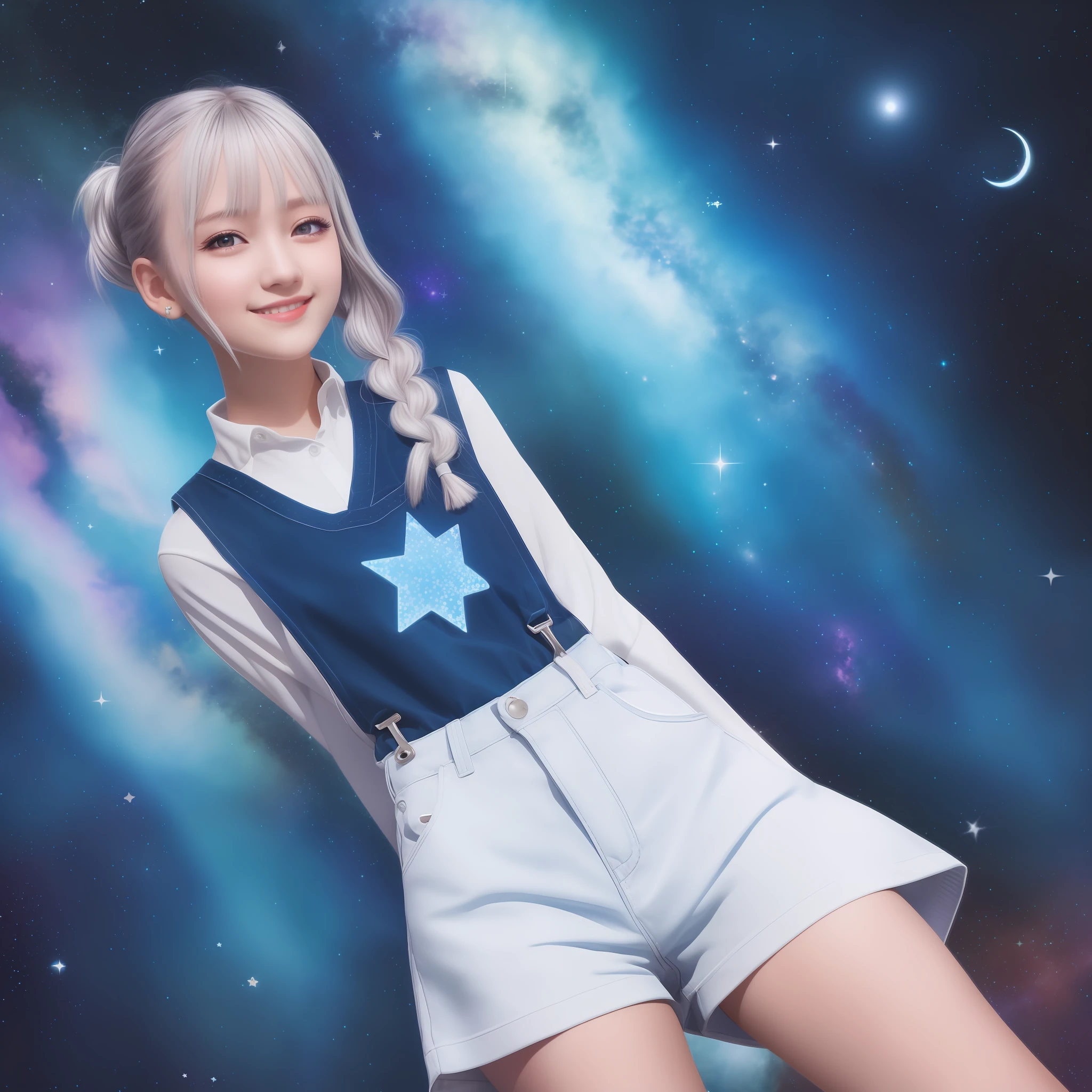 Sister, Night Background, {Masterpiece}, Best Quality, Illustration,, Single, {1 Girl}, {Beautiful Eye of Detail}, Beautiful Galaxy with Details, Sky with Details, Beautiful Water, Beautiful, {{Shorts}, Silver Hair, White Uniform, Long Sleeves, Long Hair, {{White Dungaree}}, Braided Ponytail, Bright Eyes, Bright Smile, {Eye Star} {Glittery Anime Eyes}, Blue Collar, Bright Stars,