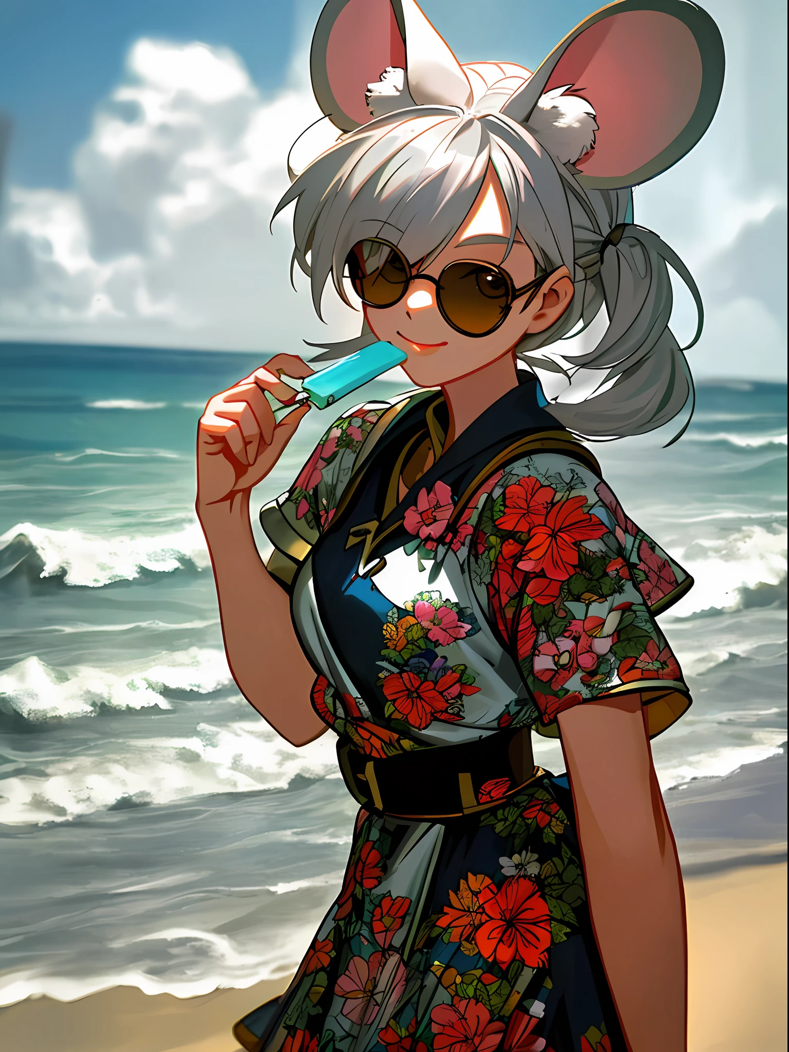 Silver hair, hair over one eye, rat lady, eighties,cute,Innocent smile, vintage costume, short double tail, hairpins, raised eyebrows, mouse ears, beach in Miami, Miami Hotline,sunglasses, vintage style, right hand holding popsicles, 8k, super detail, super detail, textured skin, anatomically correct, high quality, masterpiece, ccurate, UHD