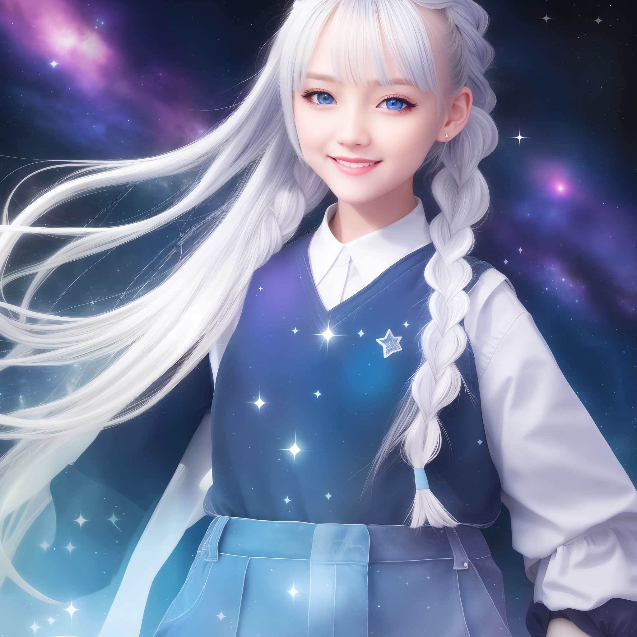 Sister, Night Background, {Masterpiece}, Best Quality, Illustration,, Single, {1 Girl}, {Beautiful Eye of Detail}, Beautiful Galaxy with Details, Sky with Details, Beautiful Water, Beautiful, {{Shorts}, Silver Hair, White Uniform, Long Sleeves, Long Hair, {{White Dungaree}}, Braided Ponytail, Bright Eyes, Bright Smile, {Eye Star} {Glittery Anime Eyes}, Blue Collar, Bright Stars,