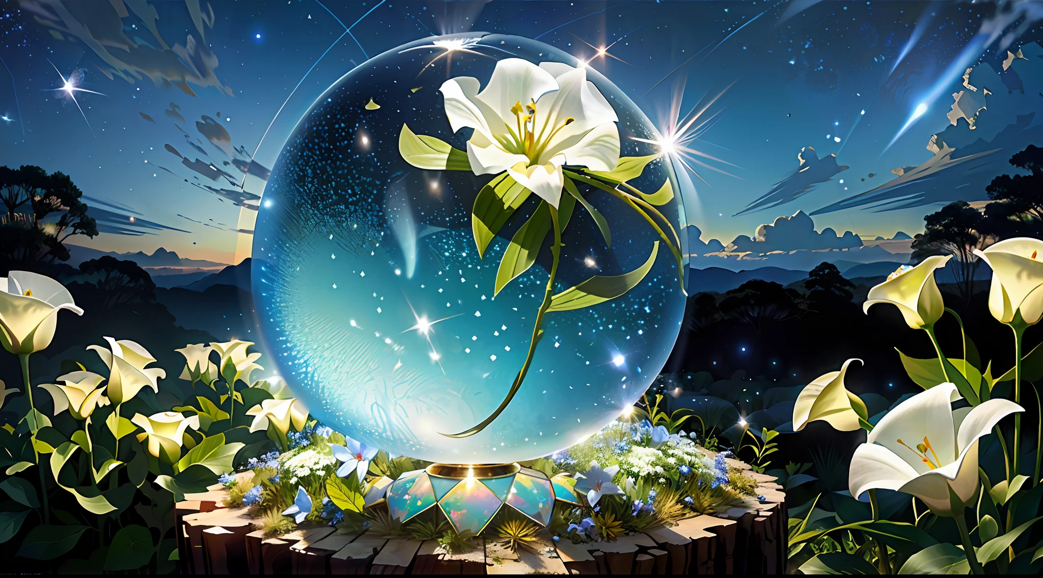 opal anthill, realistic, white liliy flowers next, fireflies flying around the hill, cut up Carambola stars, sphere glass shape