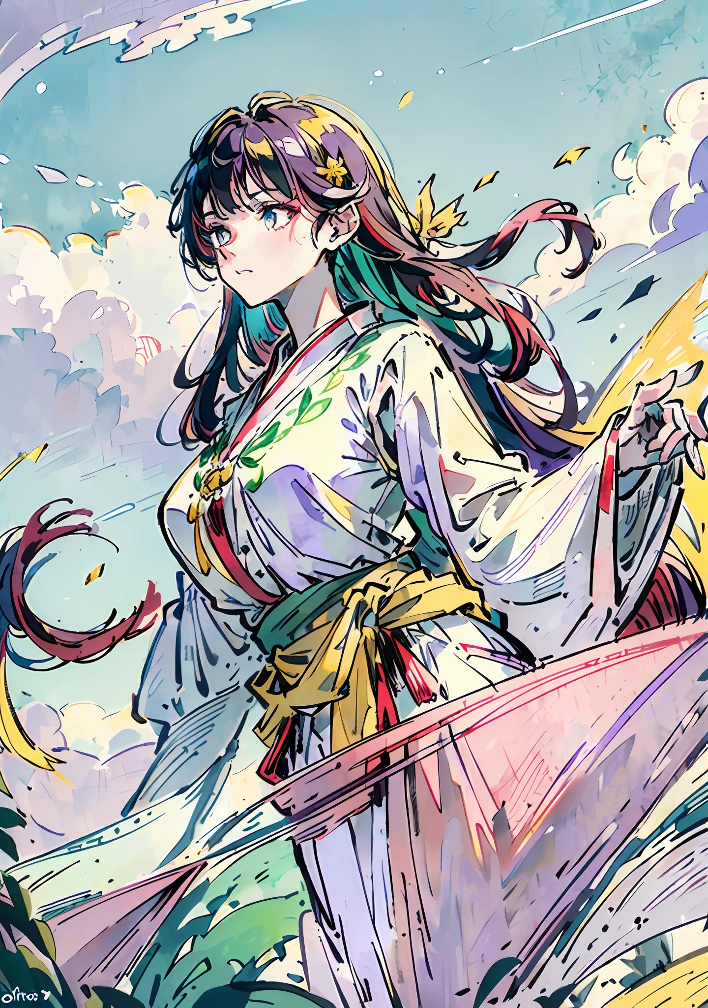 (Perfect details: 1.5, 8K wallpaper, masterpiece, best quality, ultra-detailed), fairy fluttering, delicate facial features, long black hair, gentle shining eyes, fair and beautiful skin, delicately embroidered fairy robe, pale pink waist ornament, beautiful long hair with mysterious power [(multicolored_hair: 1.2 + silver hair: 1.3 + red hair: 1.1+ Purple Hair+Yellow Hair:1.2+Green Hair:1.2)], ethereal and light demeanor, graceful and delicate ribbons, mysterious light, white gauze skirt containing exotic grass, Han clothes, clouds around the fairy world, lying on the flower branches.