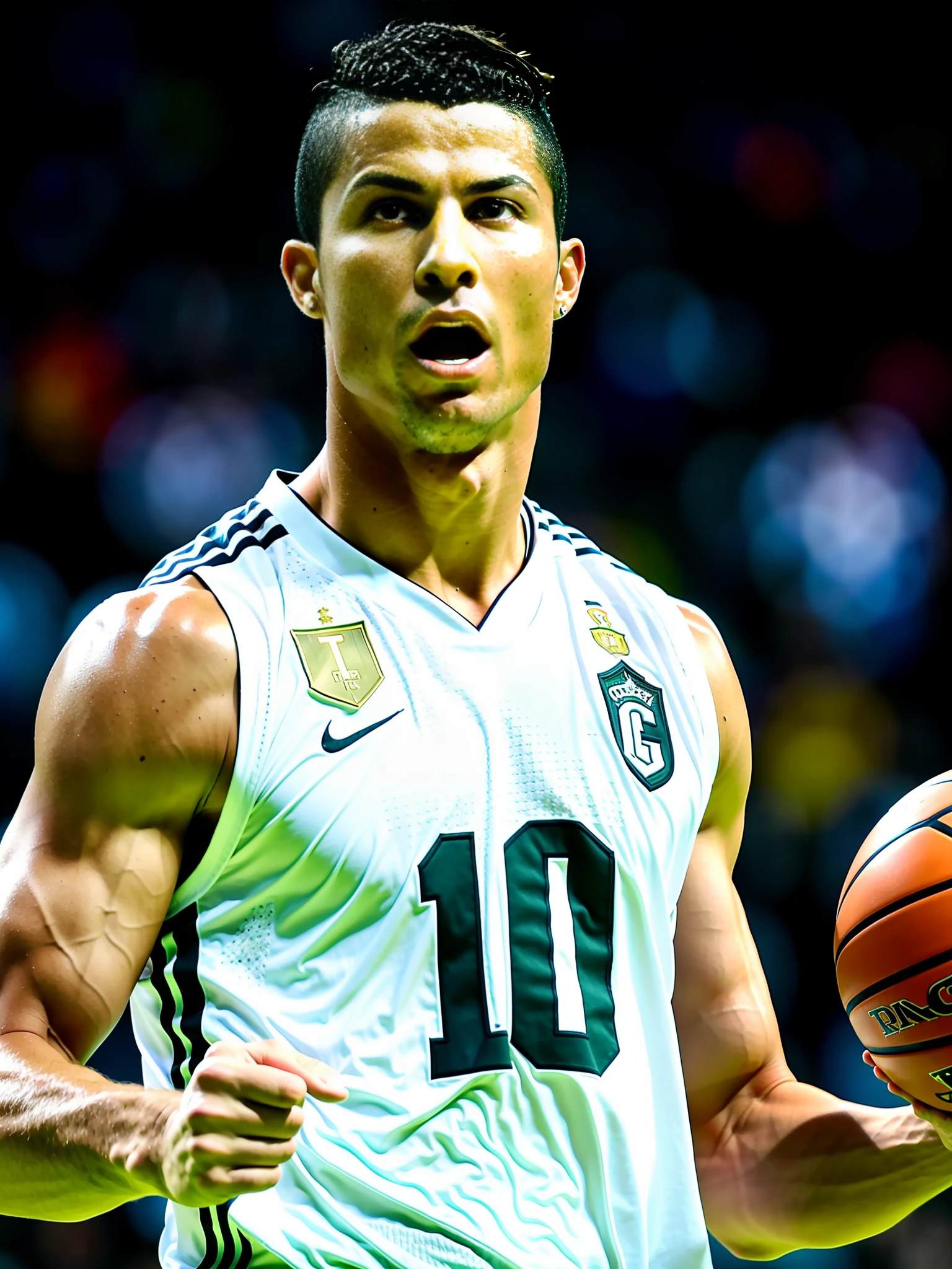 Cristiano Ronaldo playing basketball, 4k, best quality, cinematic tone, (master piece), concert, details face, perfect eyes, perfect mouth, orange tanktop, full body, centered shot, focused shot, trending dribble, jordan, Ronaldo dunk, cinematic, best lightning, number7, cr7 name jersey