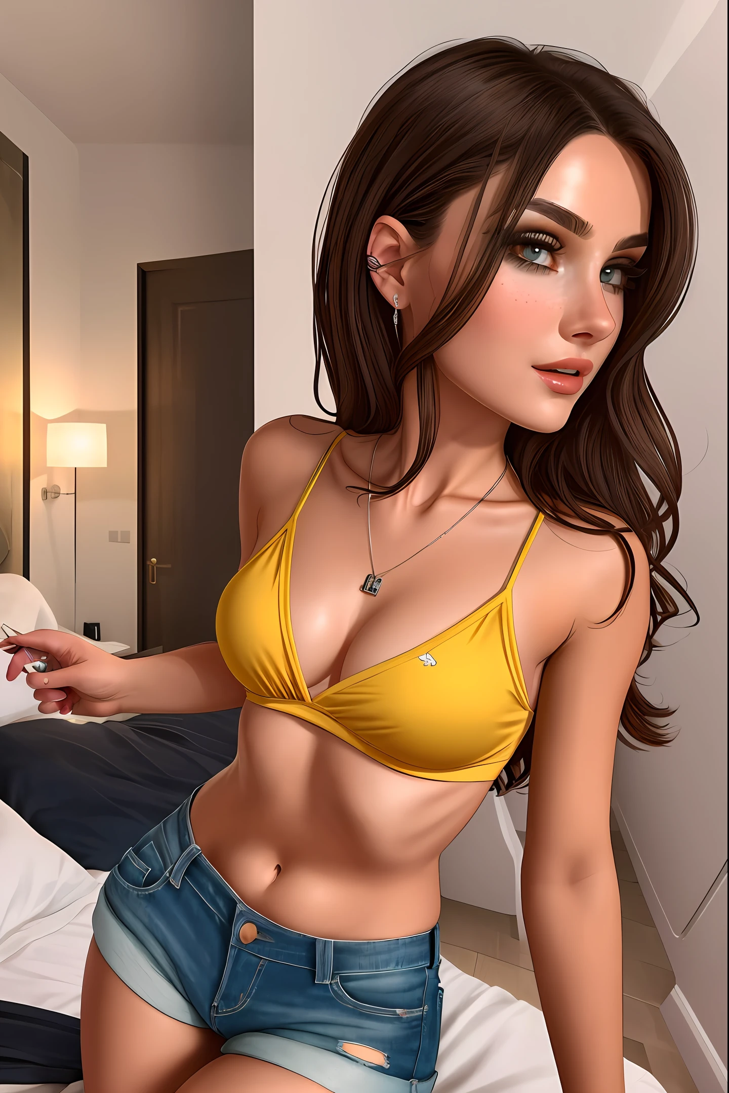(top quality, 8k, masterpiece: 1.3), pretty woman with perfect figure: 1.4, dark brown hair, big, wearing pendant, torn shorts, in bedroom, very detailed face and skin, detailed eyes, double eyelids, duo