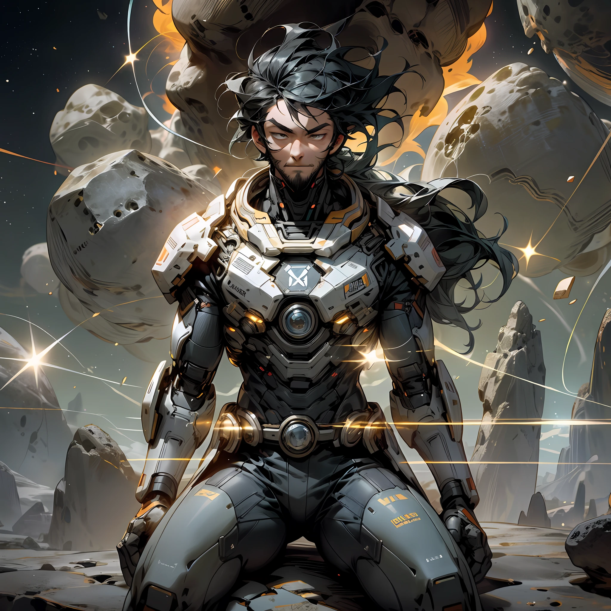 Draw a young programmer, sitting on a research platform floating in the middle of an asteroid belt. He is studying with a notebook, surrounded by several asteroids glowing with fiery auras. Dramatic lighting from distant stars and planets illuminates the scene, casting deep shadows on the suit. The young man looks confident and determined, looking at the vast and mysterious universe with wonder and respect,facial hair, cowboy shot,