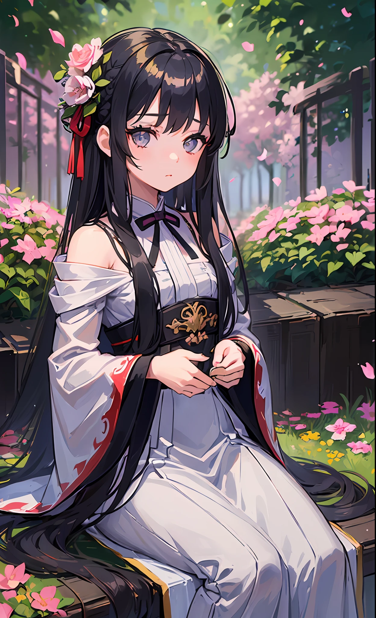 ( girl:1.5),lace,ribbon,hanfu,(masterpiece, sidelighting, finely detailed beautiful gray eyes: 1.2), masterpiece, realistic, glowing eyes,shiny hair,black hair,long long hair, lustrous skin, solo, embarassed,Strapless,exquisite,beautifly,garden,flowers,flying petals,