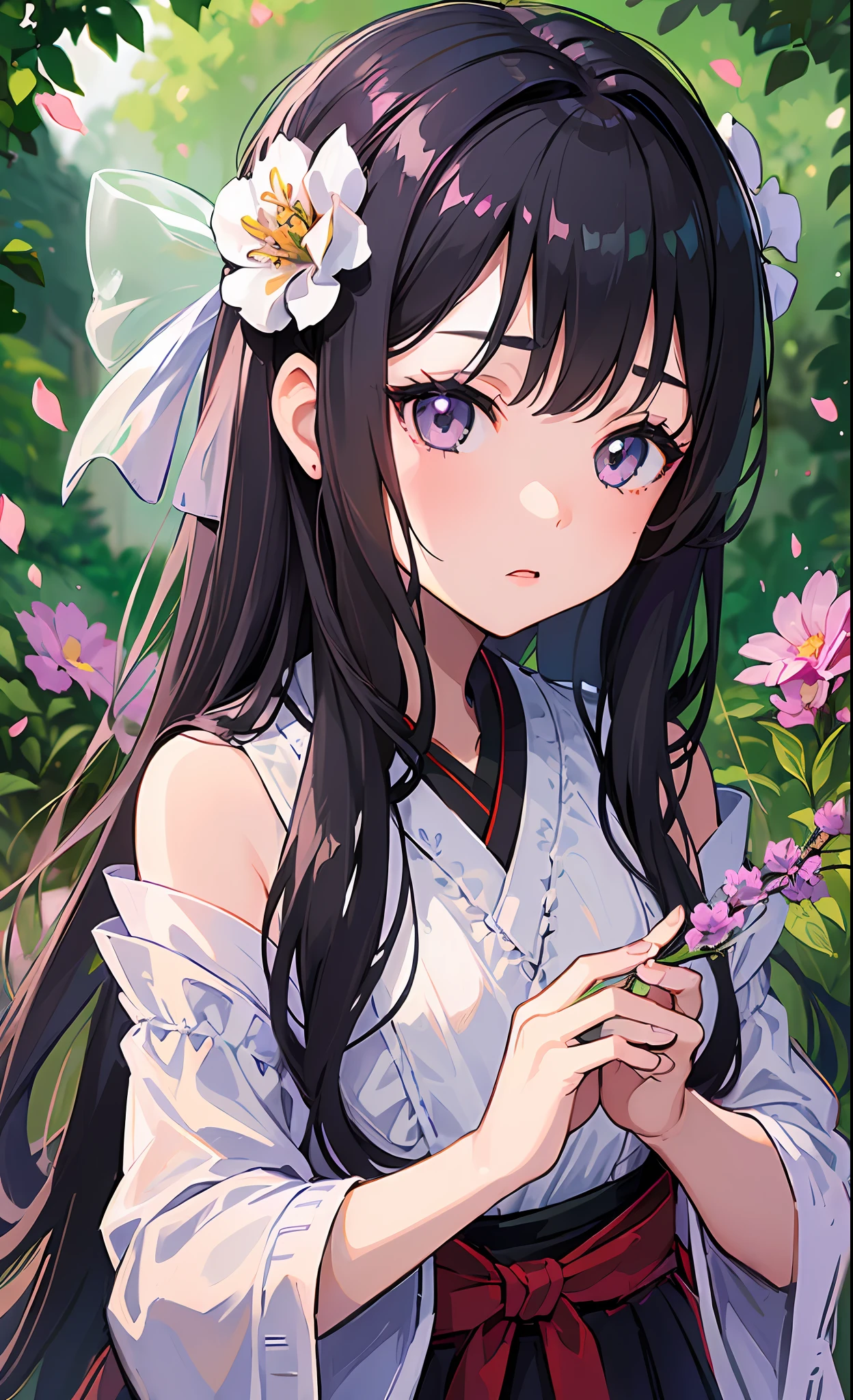 (little girl:1.5),lace,ribbon,hanfu,(masterpiece, sidelighting, finely detailed beautiful gray eyes: 1.2), masterpiece, realistic, glowing eyes,shiny hair,black hair,long long hair, lustrous skin, solo, embarassed,Strapless,exquisite,beautifly,garden,flowers,flying petals,