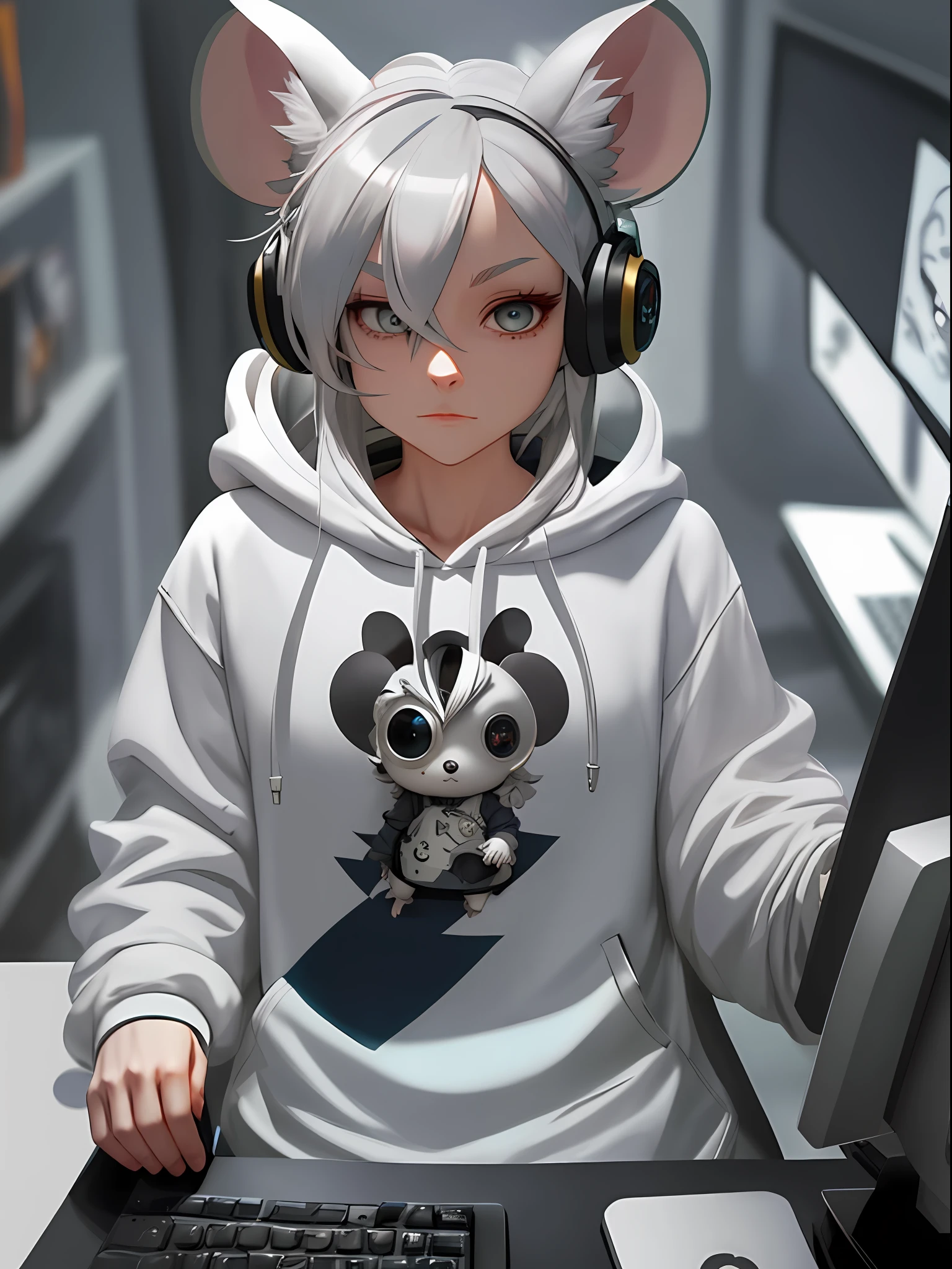 Silver hair, hair more than one eye, mouse lady, white hoodie, cute, serious, laid back, short double tail, hairpin, raised eyebrows, mouse ears, night apartment, playing computer games, gaming headset, excitement, 8k, super detail, super detail, textured skin, anatomically correct, high quality, masterpiece, ccurate, UHD