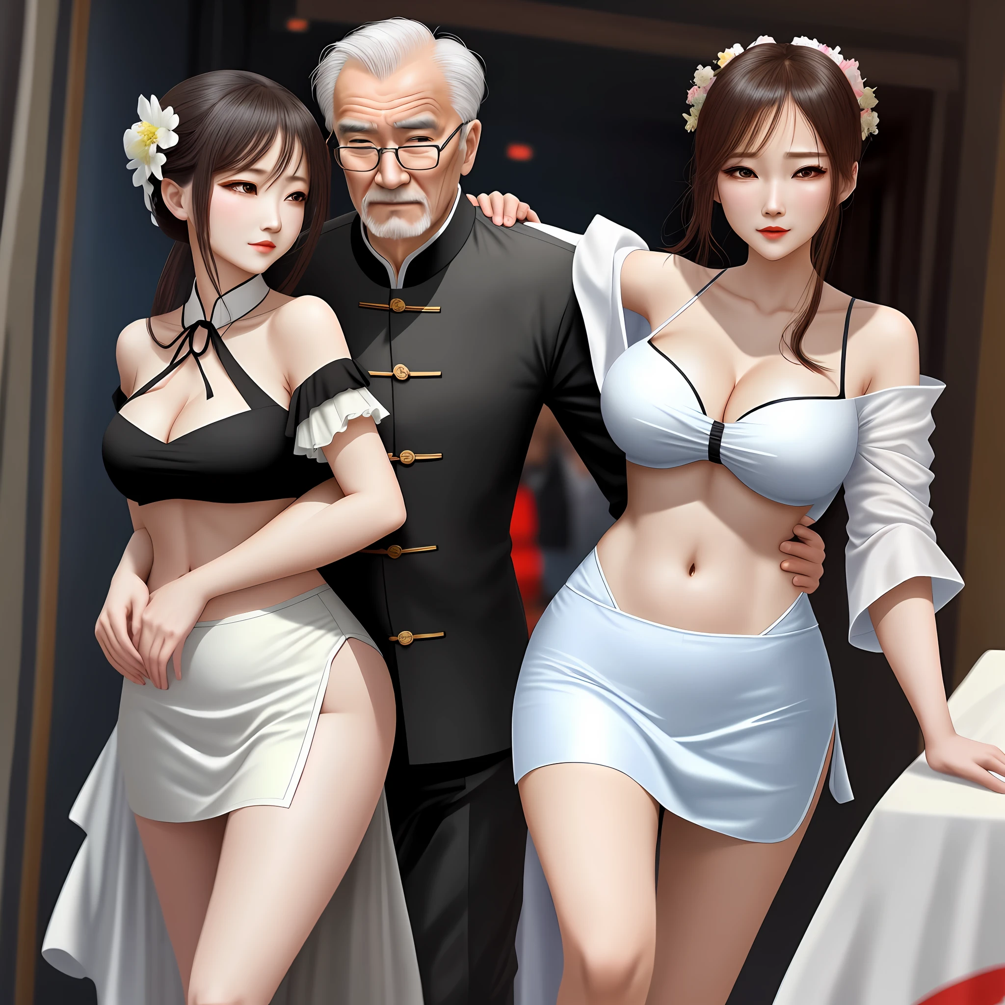 A male boss and a female secretary all kinds of ambiguous embraces, old man and girl, Hanfu, delicate face, flying hair, bed, big breasts, off-the-shoulder backless navel, tight tops, miniskirts, long legs, big buttocks, thin waist